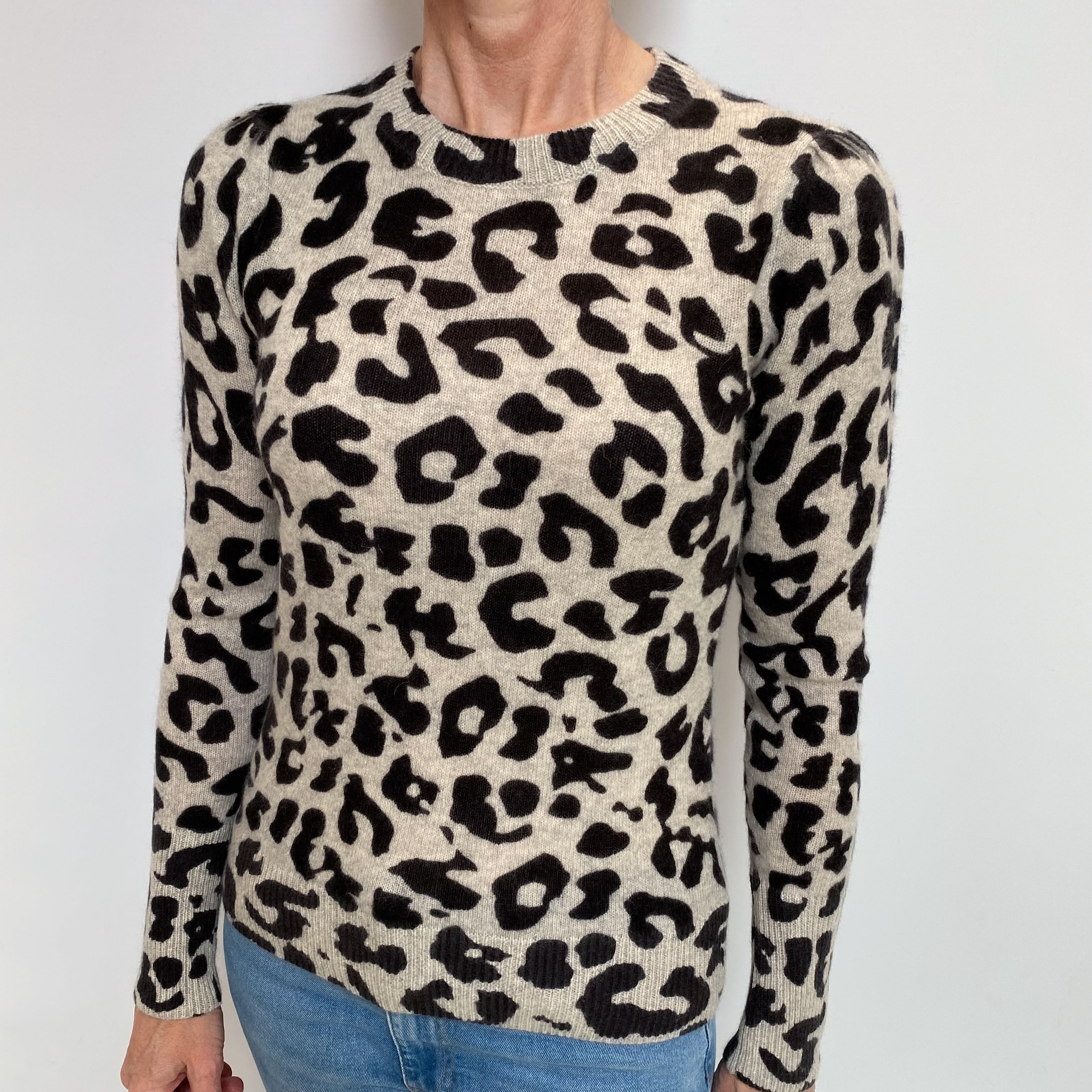 Grey Animal Print Cashmere Crew Neck Jumper Small