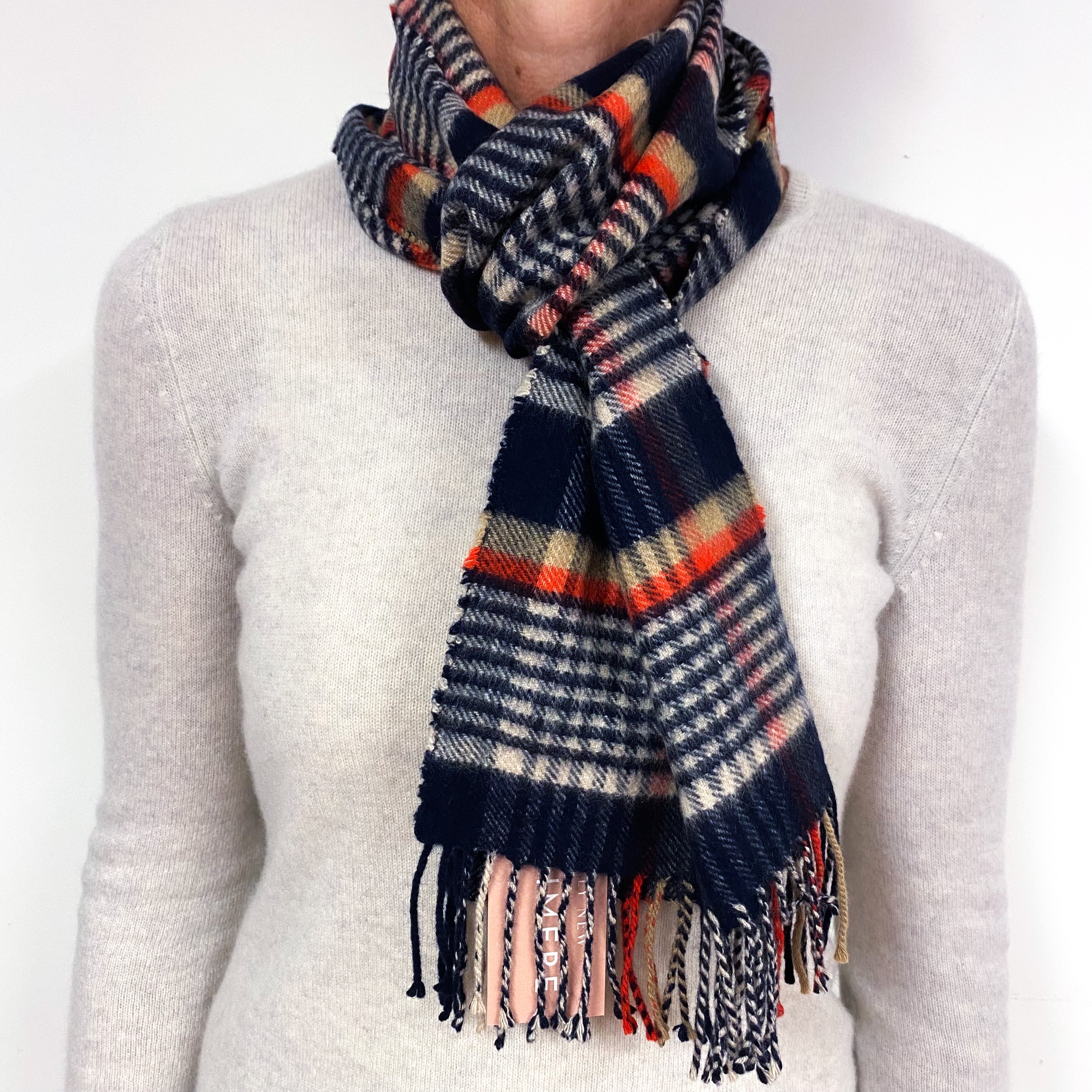 Navy Red and Camel Fringed Cashmere Woven Scarf