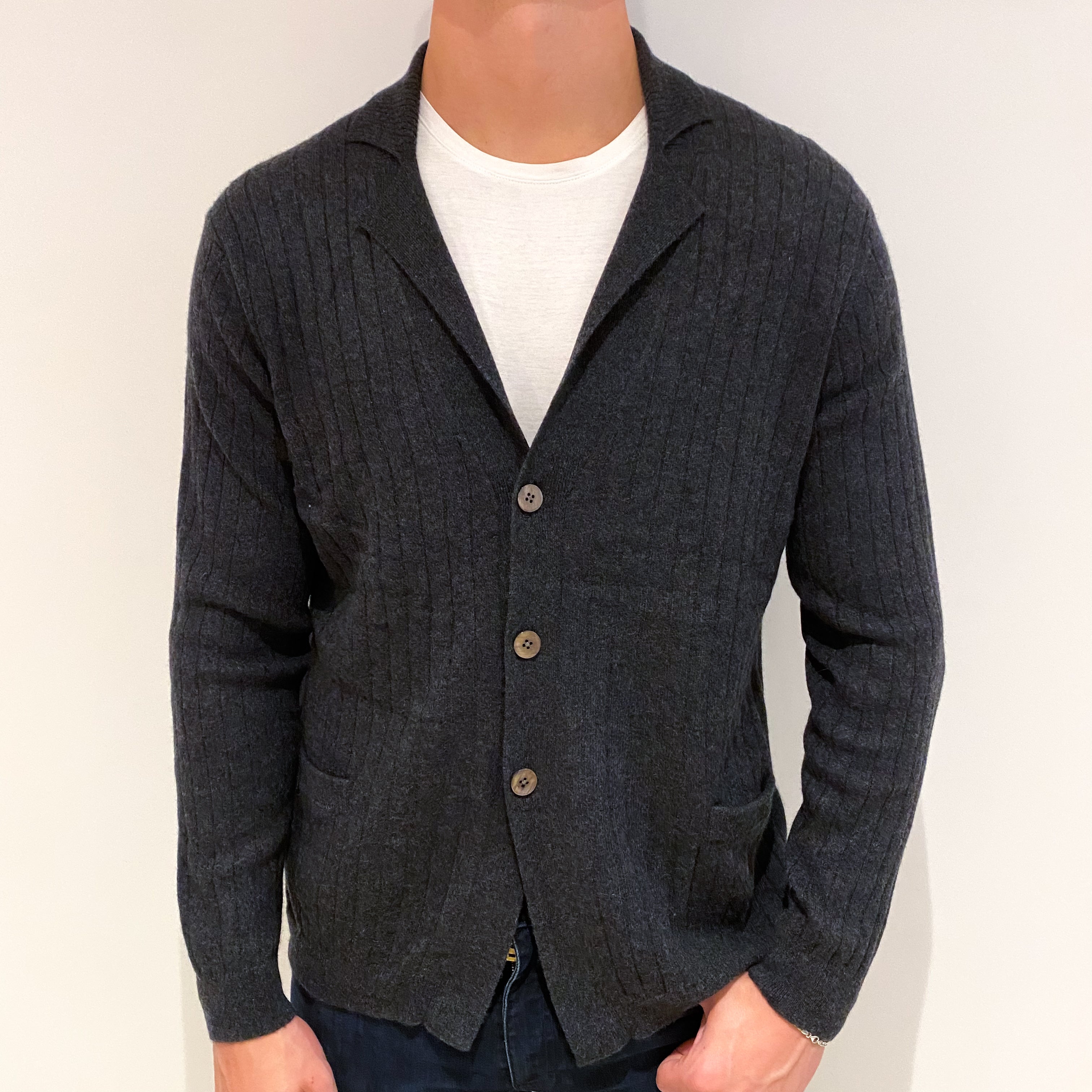 Men's Charcoal Grey Rib Cashmere V-Neck Cardigan Extra Extra Large