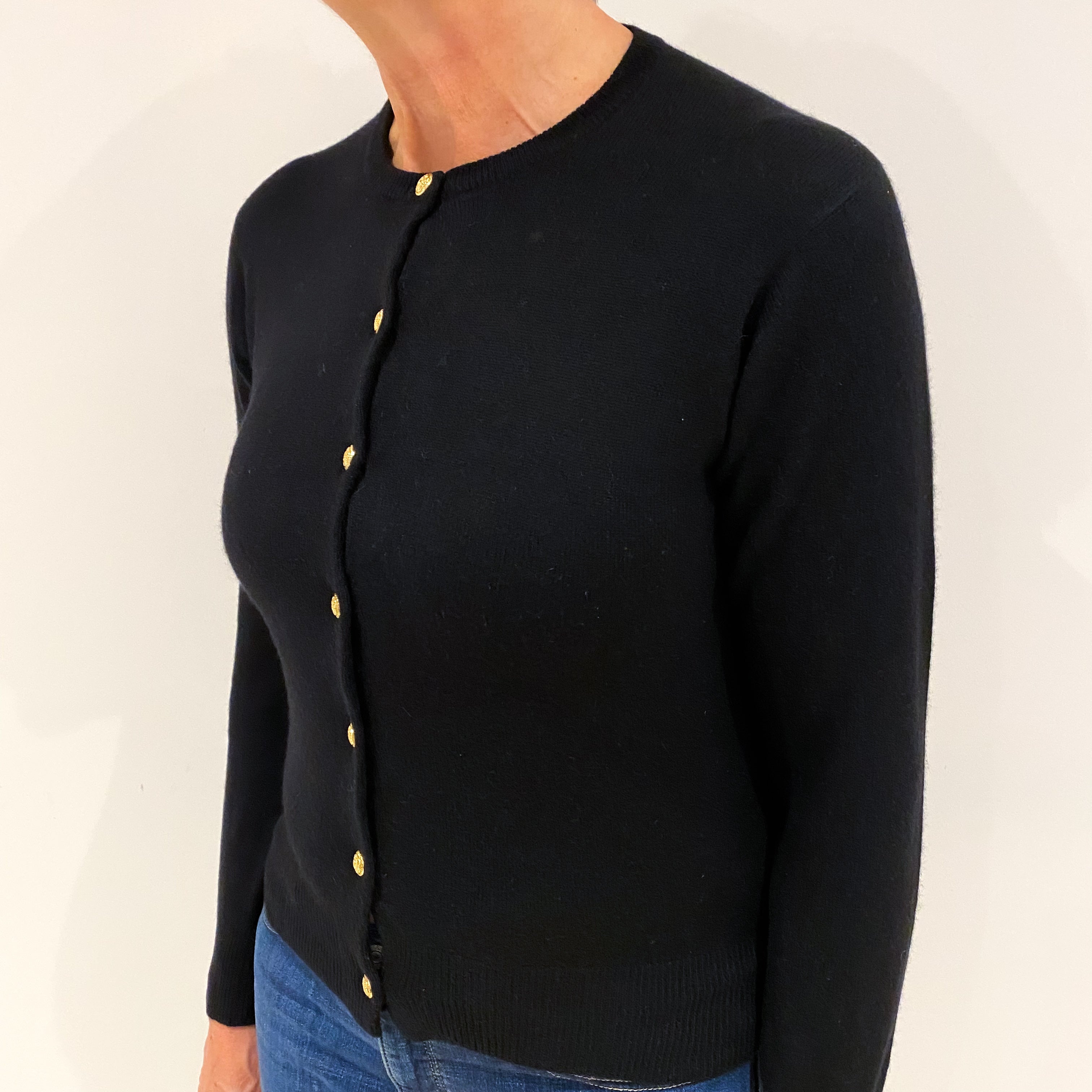 Black Cashmere Crew Neck Cardigan Medium