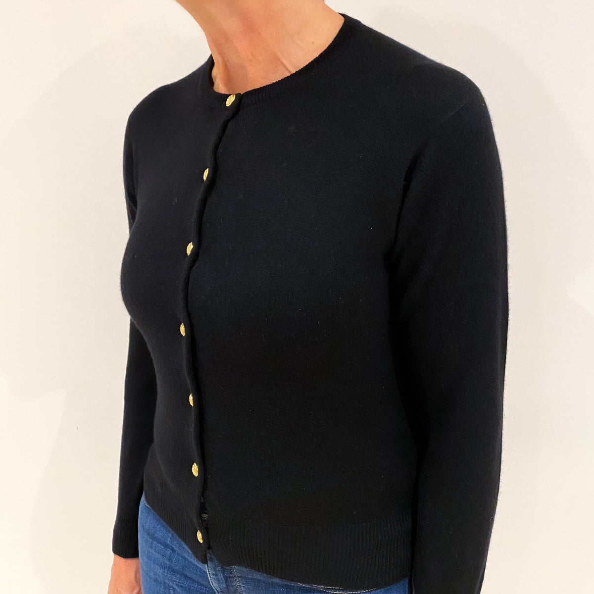 Black Cashmere Crew Neck Cardigan Medium