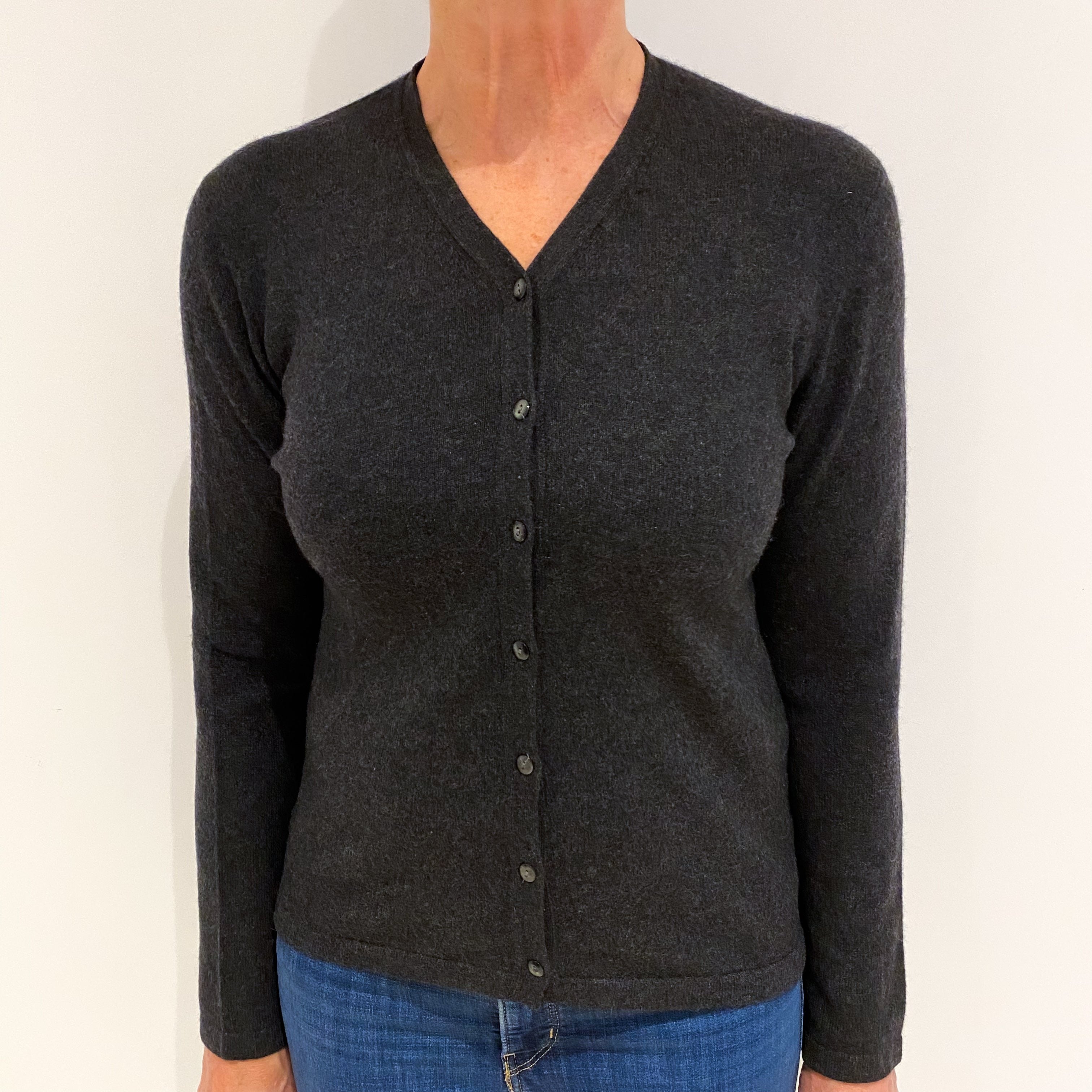 Charcoal Grey Cashmere Vee Neck Cardigan Medium