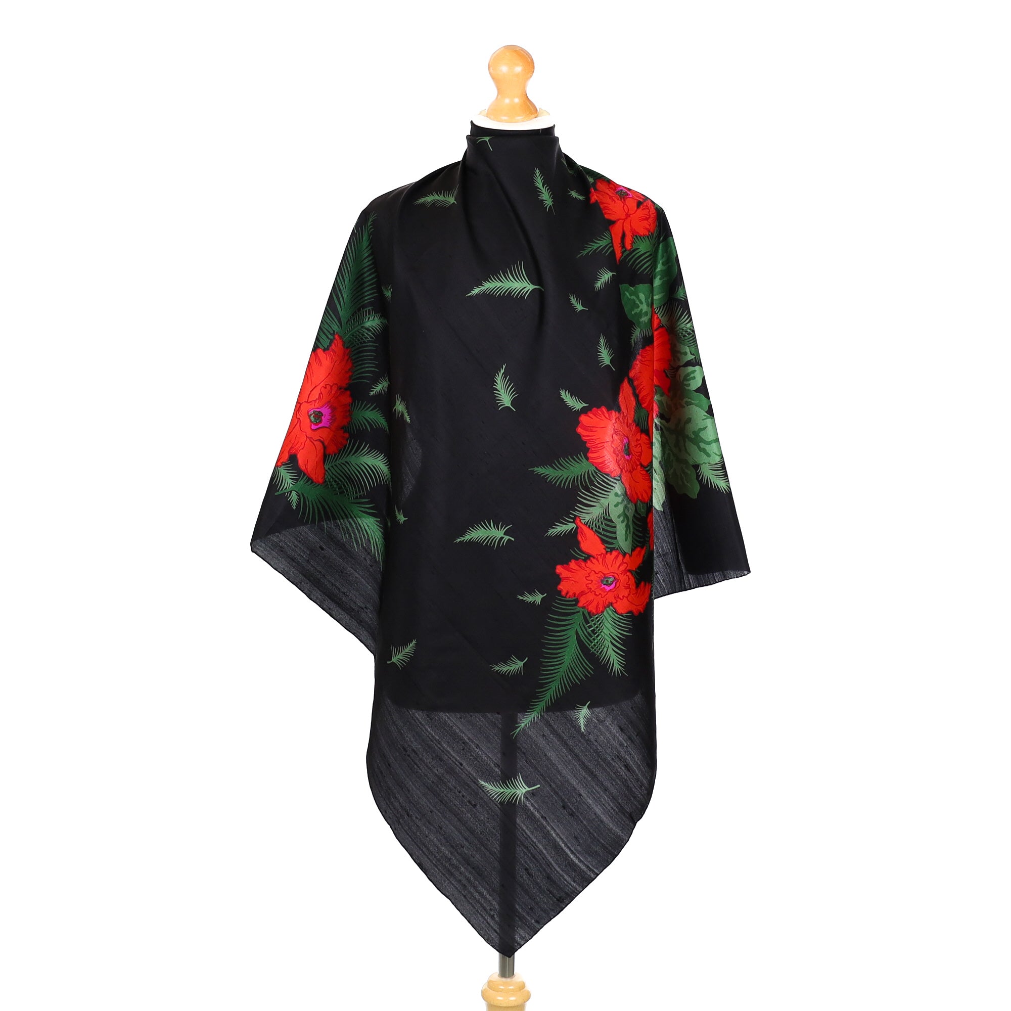 Brand New Thai Silk Black and Red Poppy Silk Scarf
