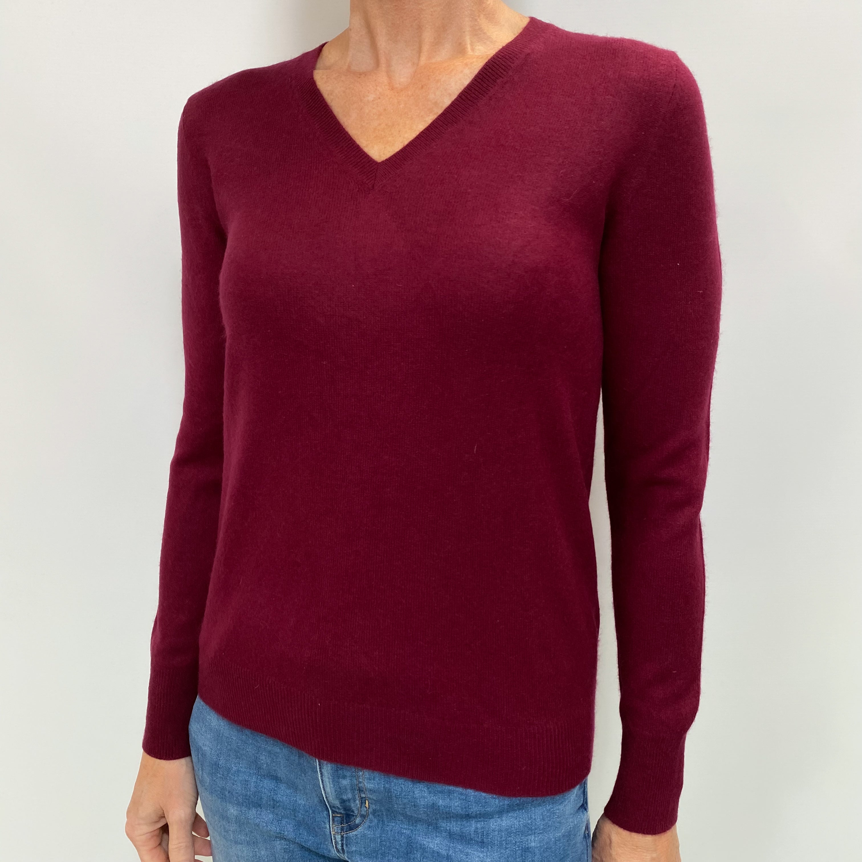 Burgundy Red Cashmere V Neck Jumper Small