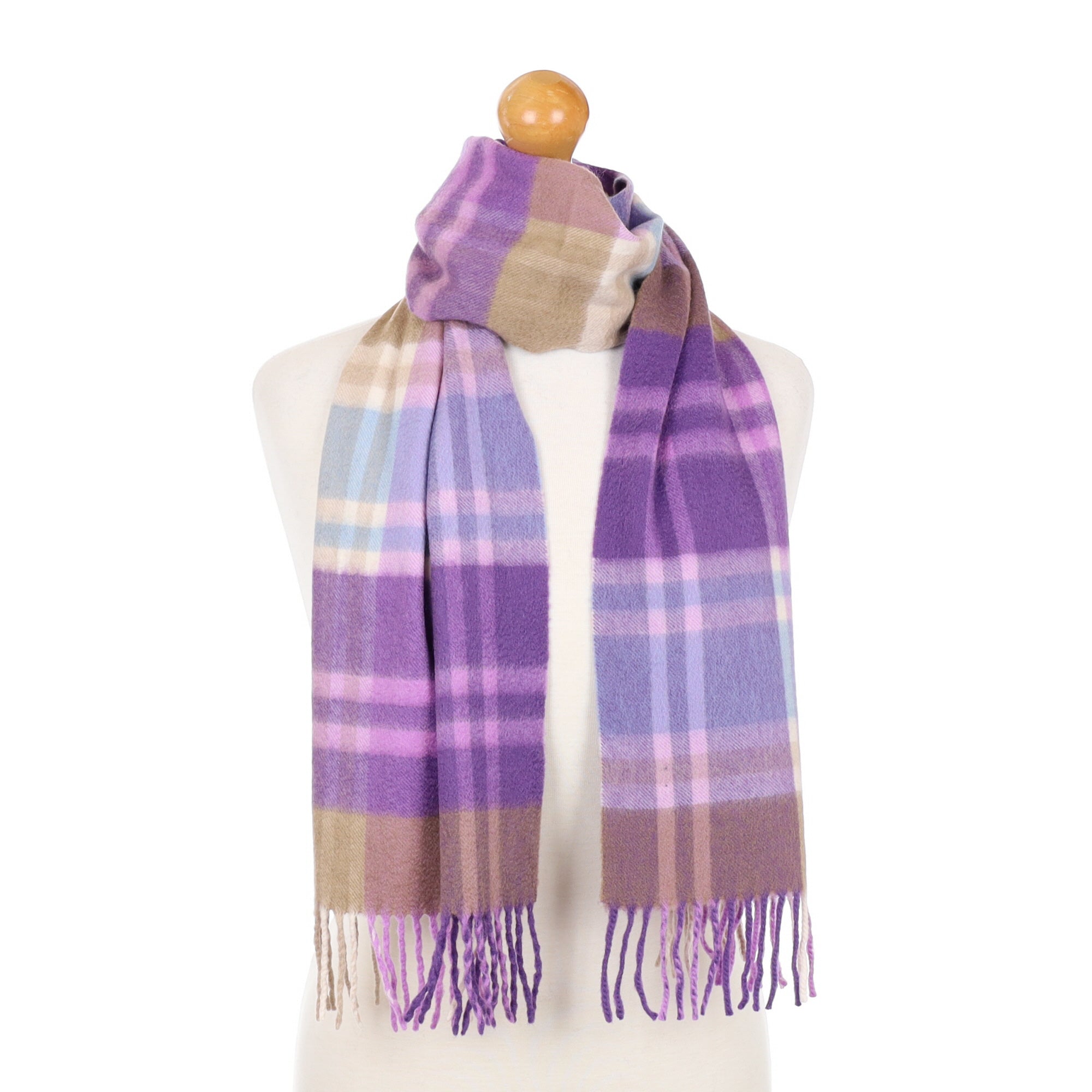 Scottish Purple and Blue Tartan Cashmere Fringed Woven Scarf