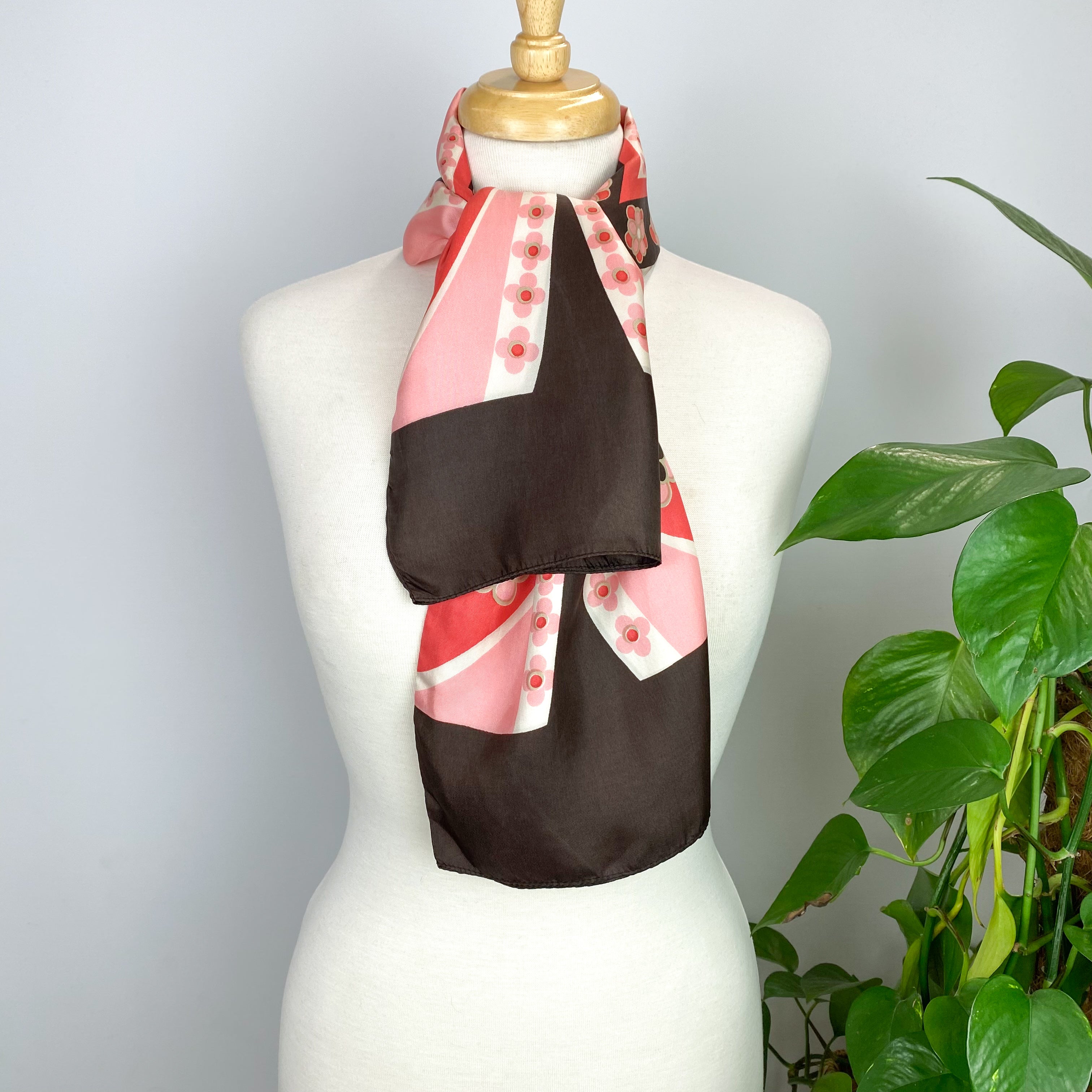 Vintage Dark Brown and Coral Long Silk Scarf