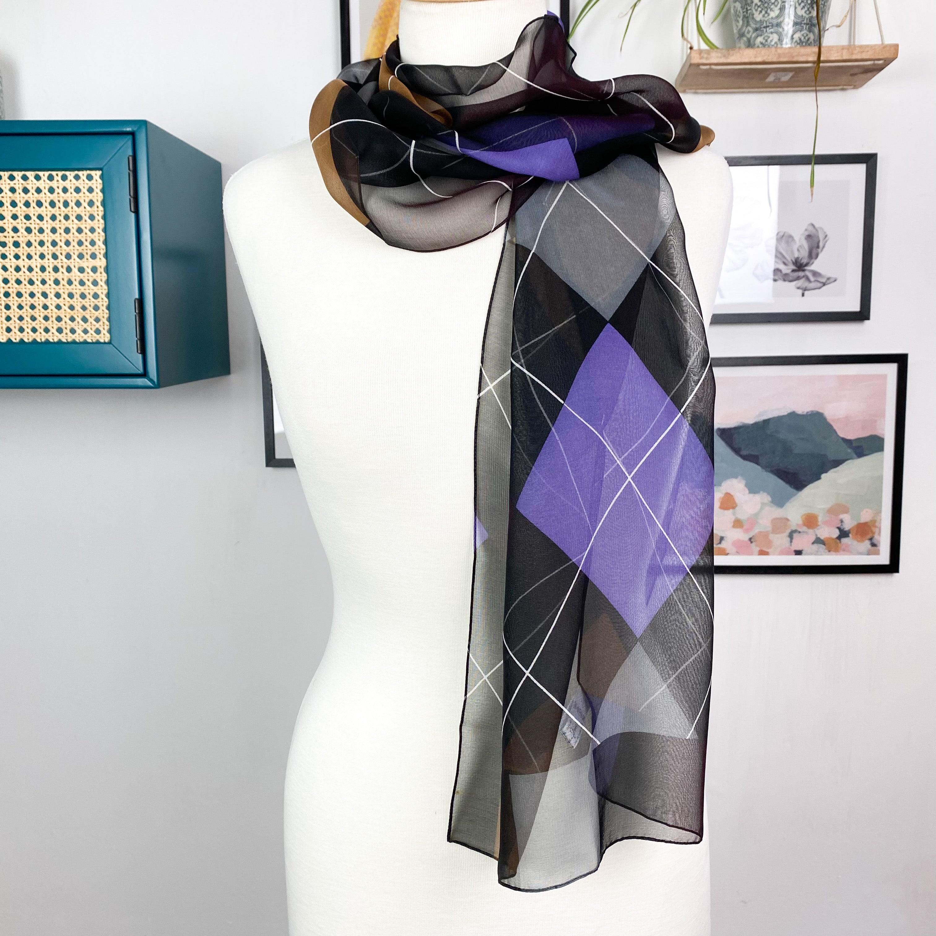 Long Diamond Pattern Chiffon Silk Scarf