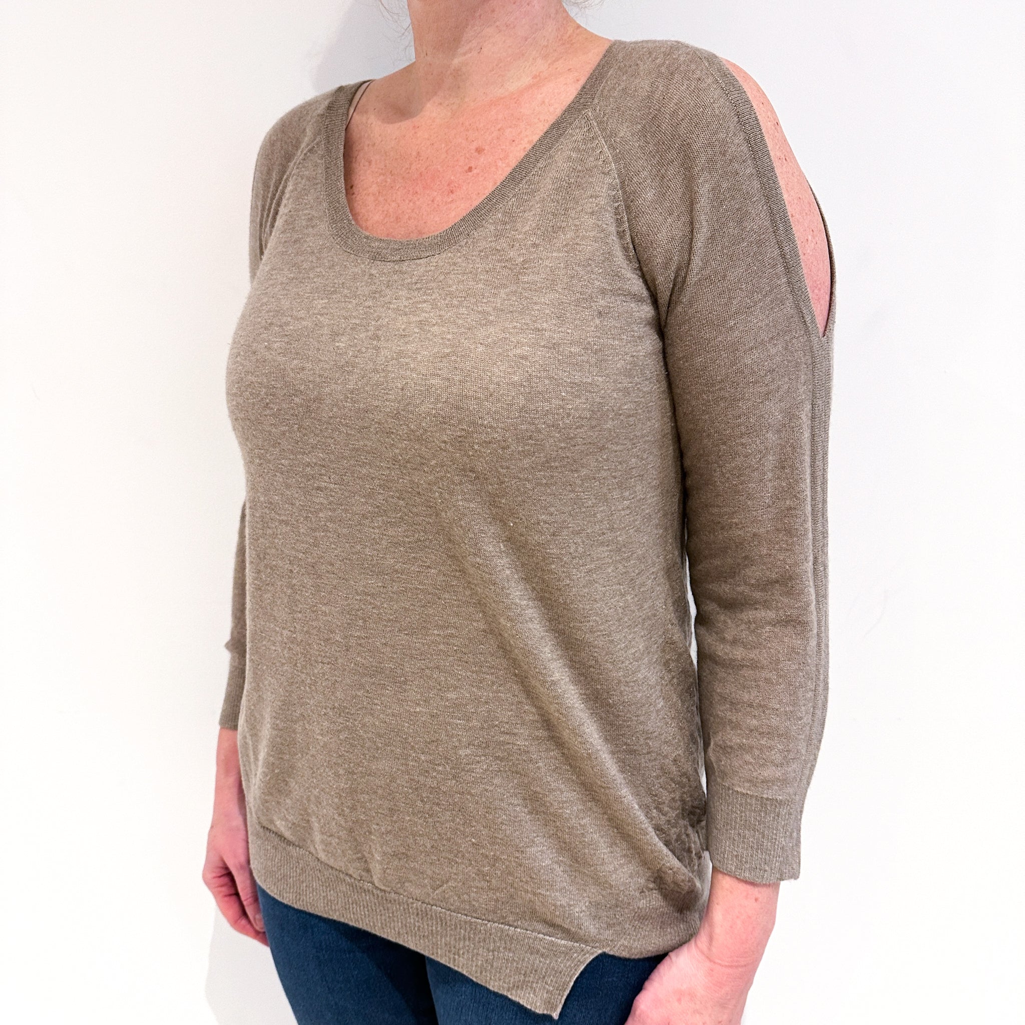 Taupe Brown Cold Shoulder Cashmere Crew Neck Jumper Large