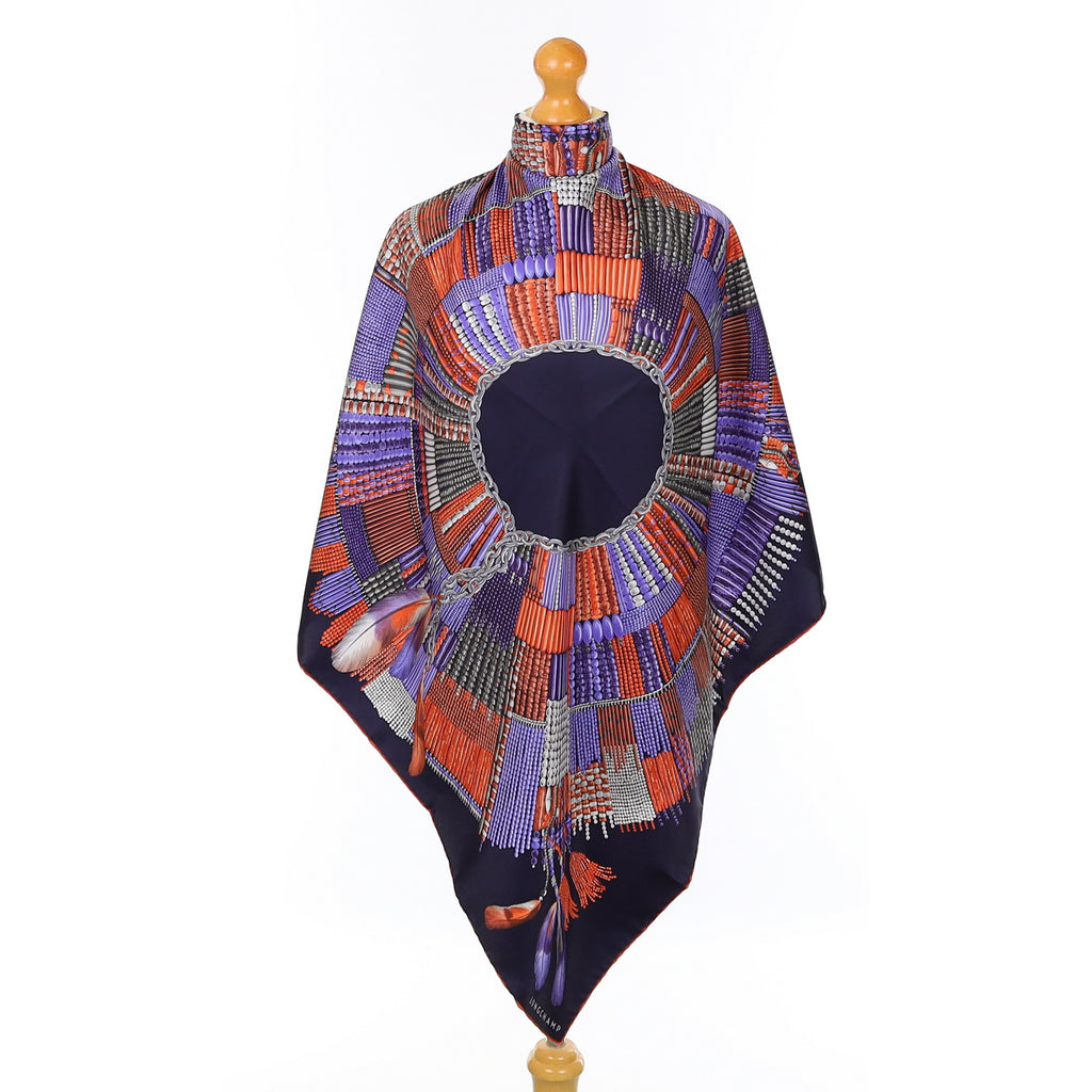 Longchamp Silk Navy, Purple and Orange Patterned Silk Scarf