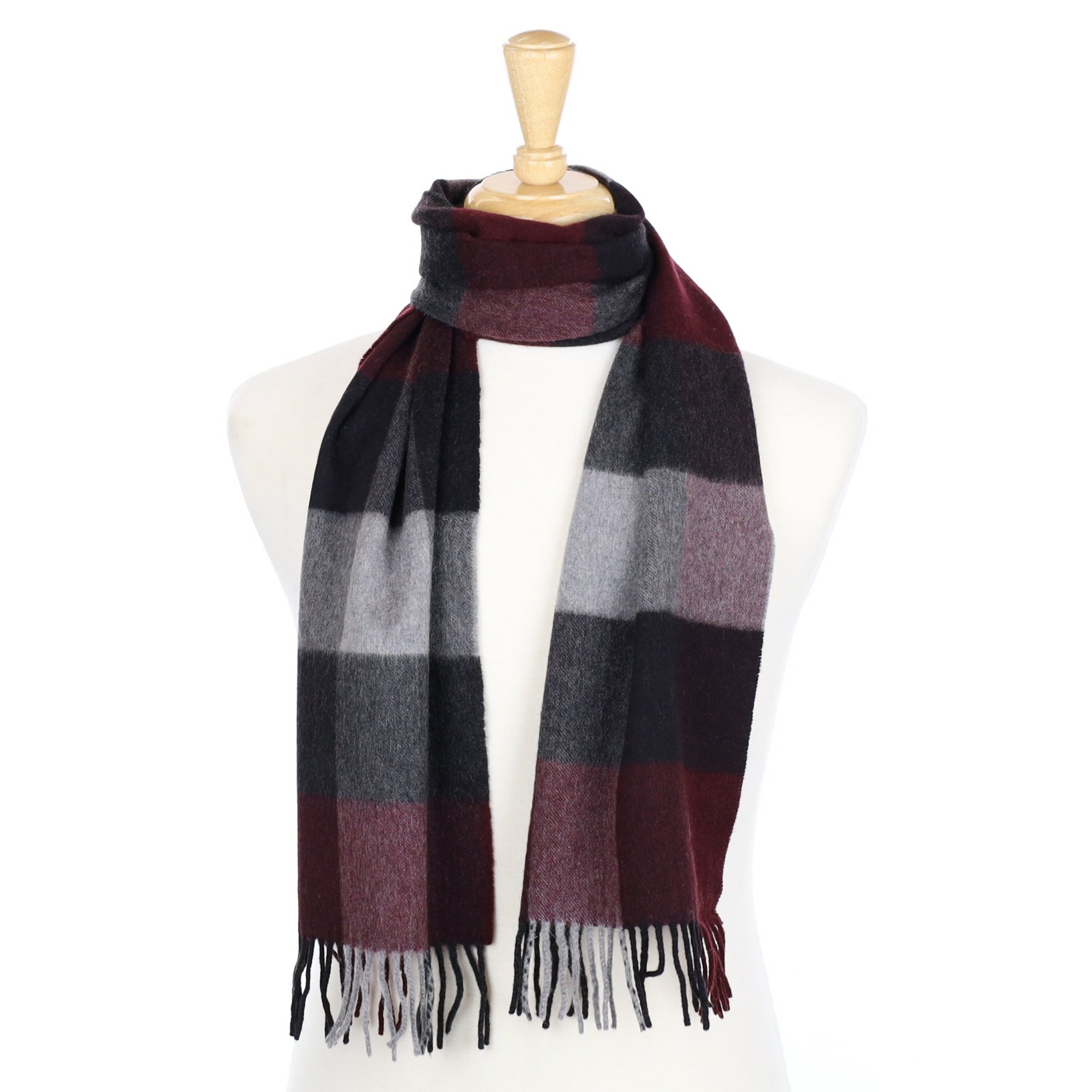 Burgundy and Grey Checked Cashmere Fringed Woven Scarf