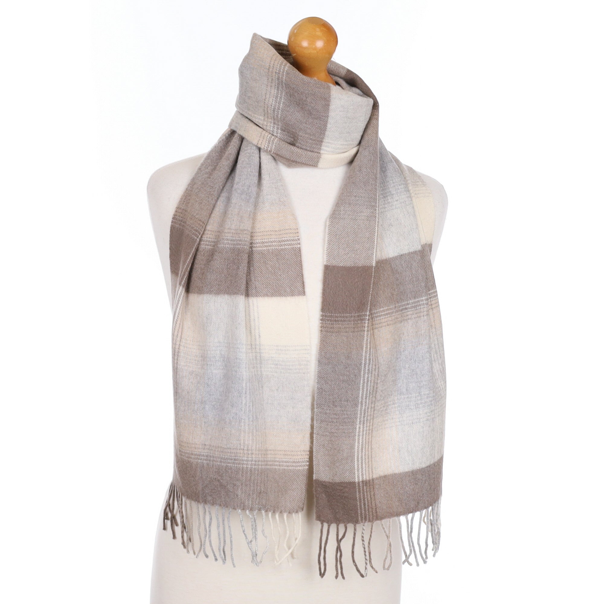 Mink and Grey Checked Cashmere Fringed Woven Scarf