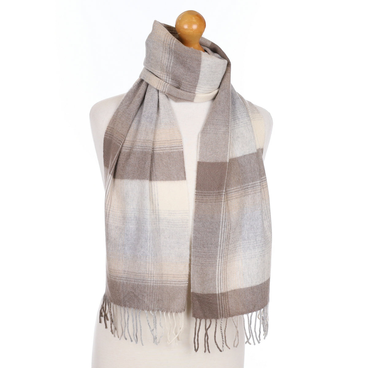 Mink and Grey Checked Cashmere Fringed Woven Scarf