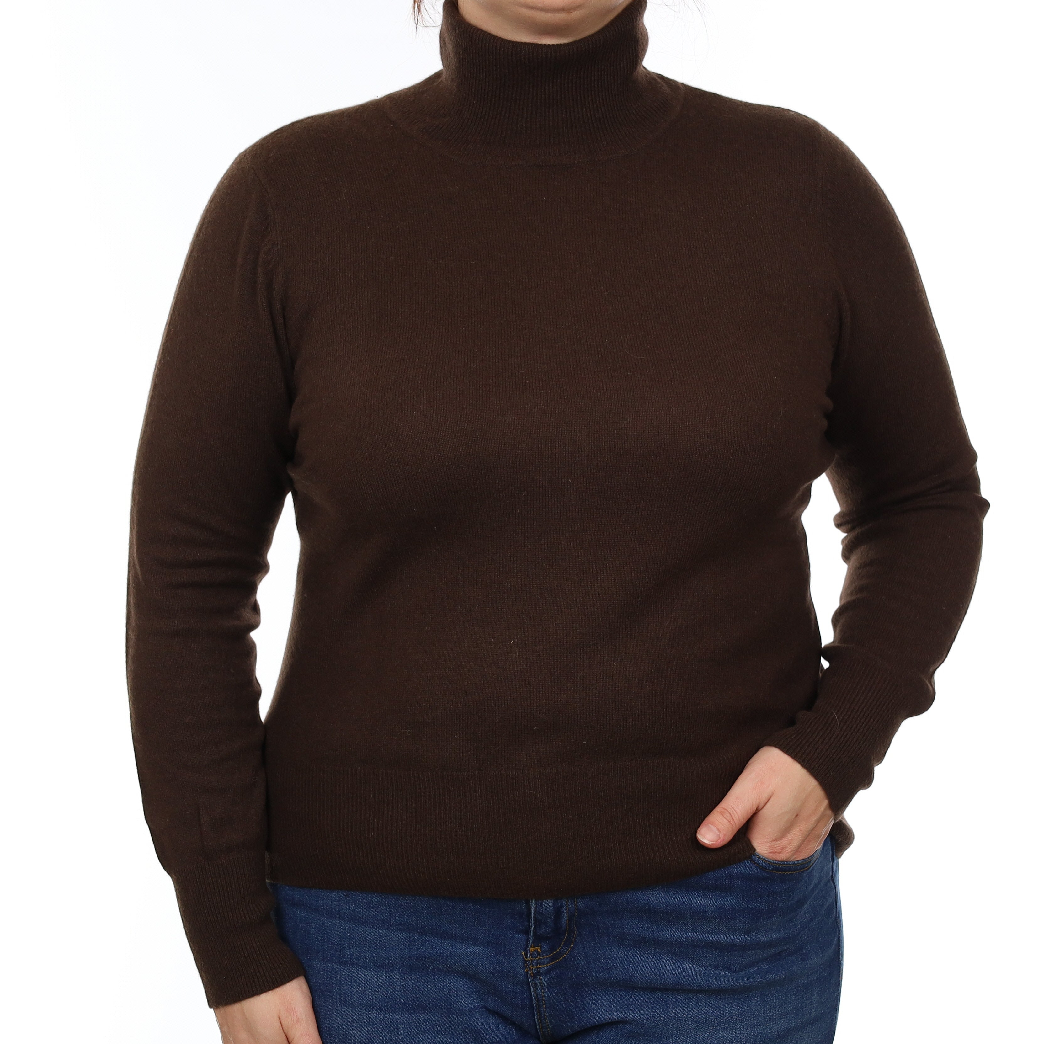 Chocolate Brown Cashmere Polo Neck Jumper Large