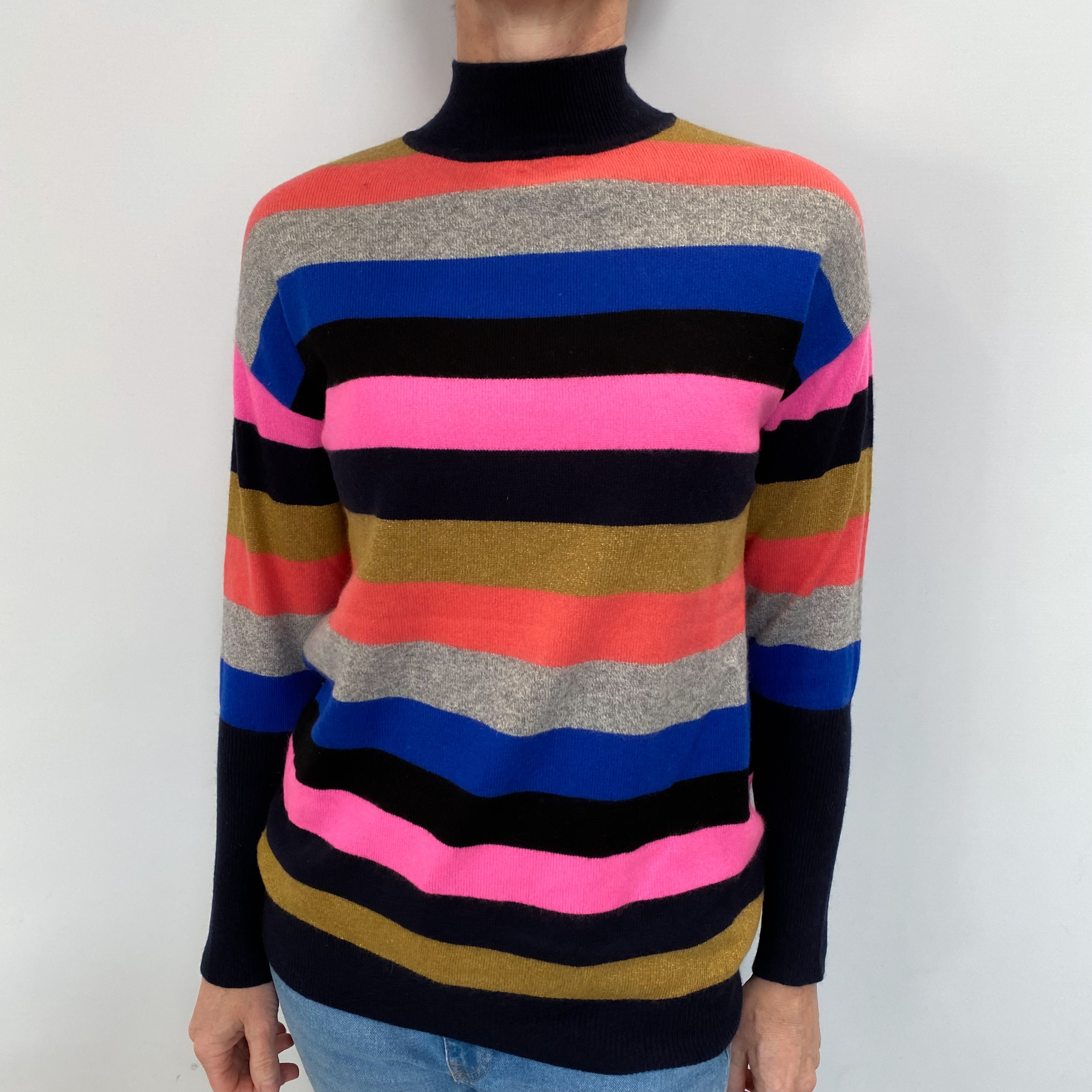 Multicoloured Striped Cashmere Turtle Neck Jumper Small