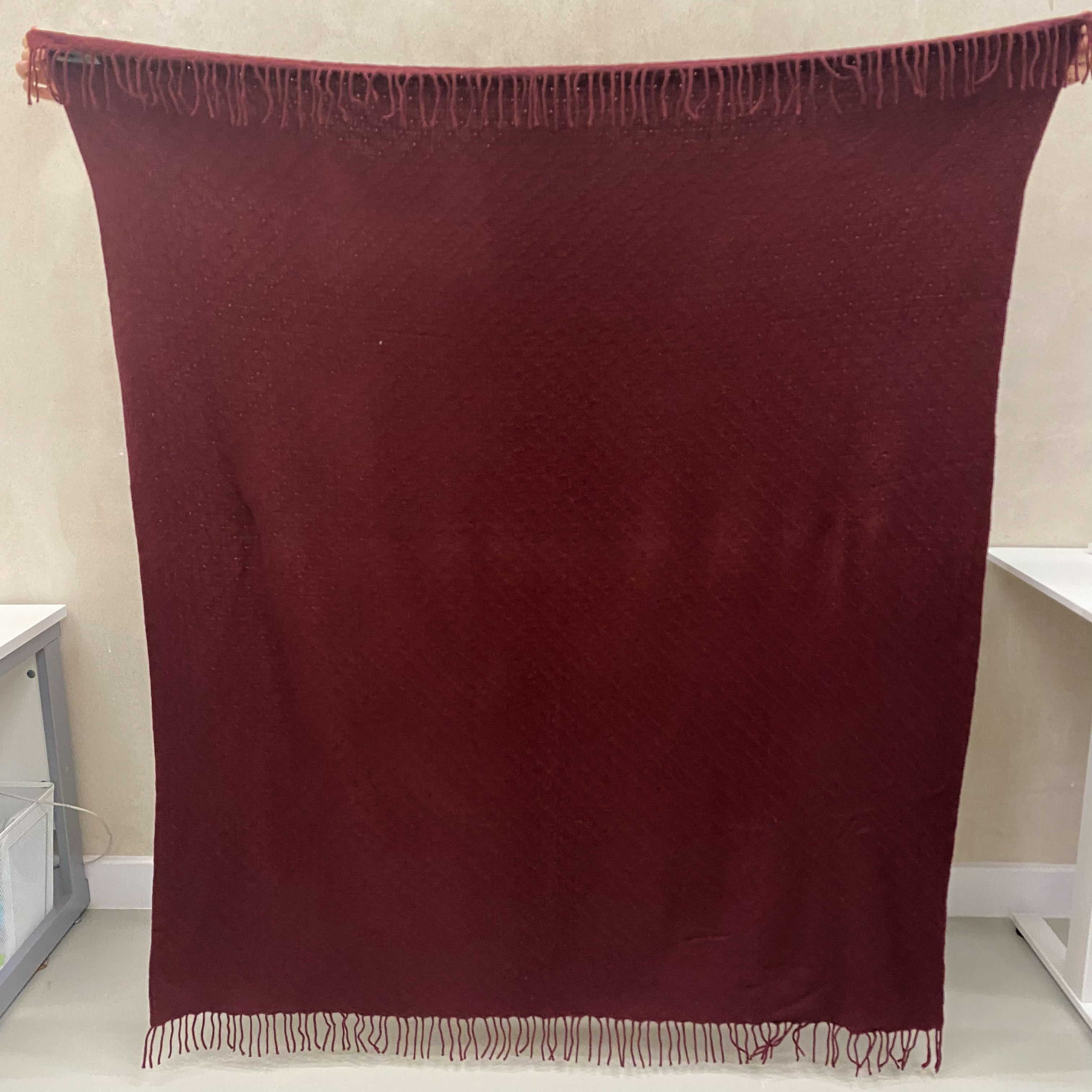 Burgundy Red Fringed Square Woven Blanket