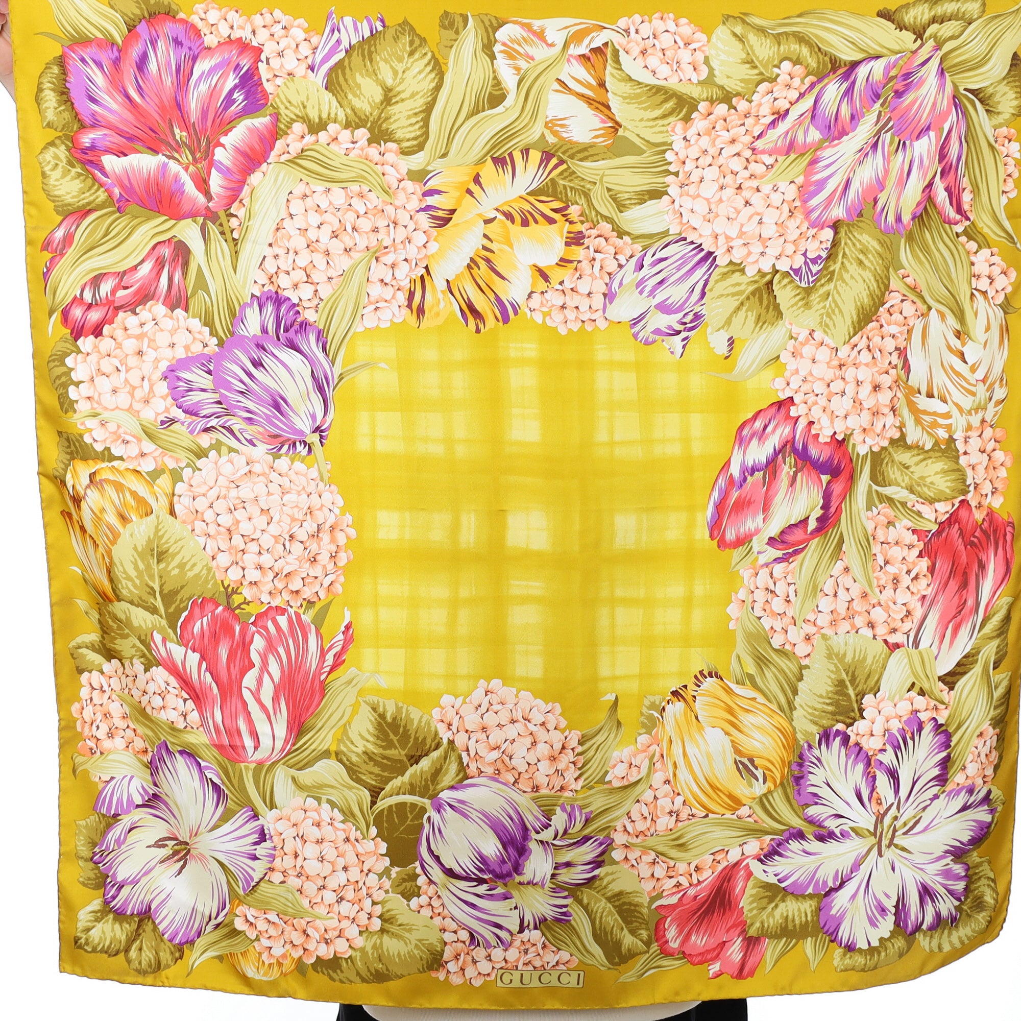 Brand New Gucci Gold Floral Vintage Silk Scarf