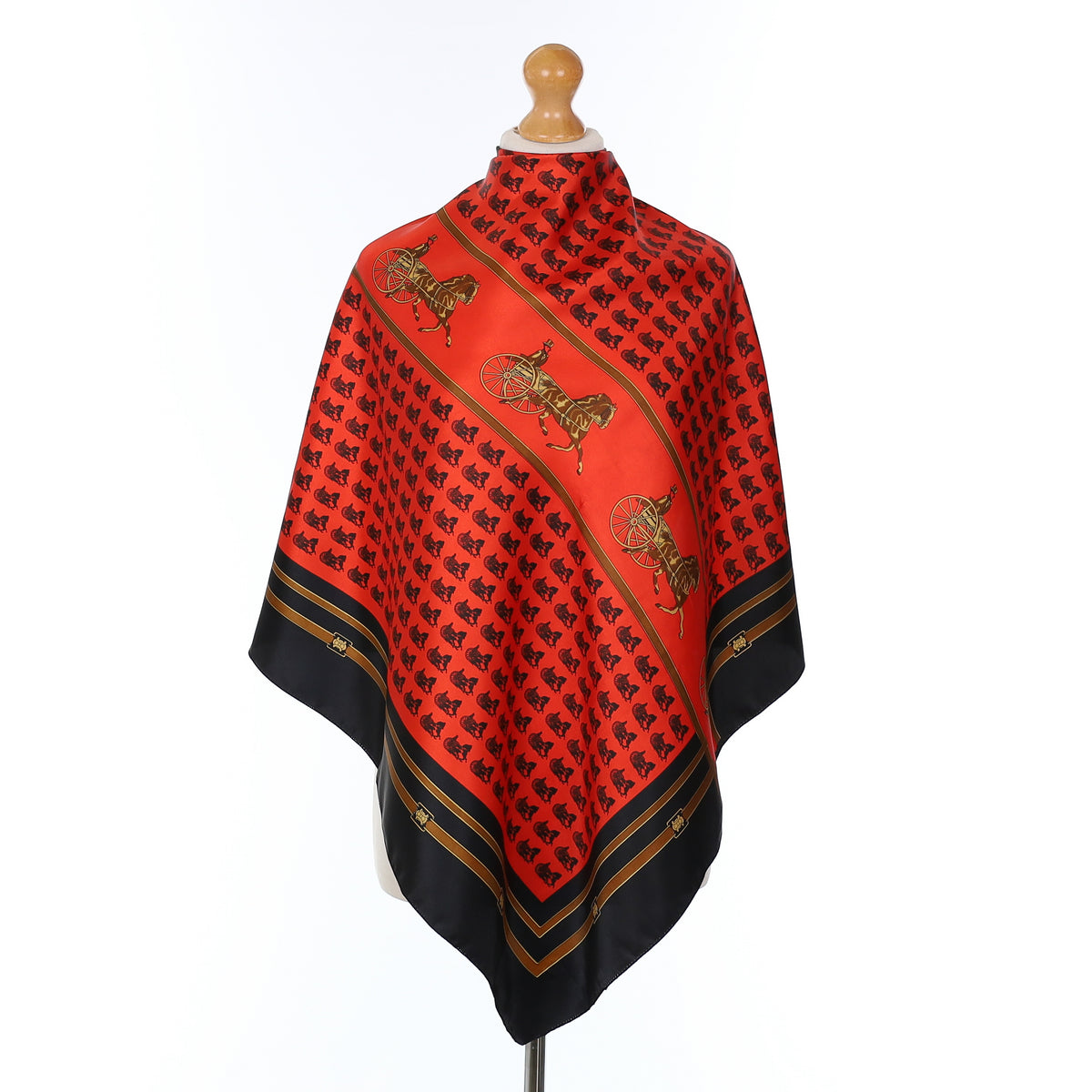 Red And Black Horse Carriage Design Silk Scarf