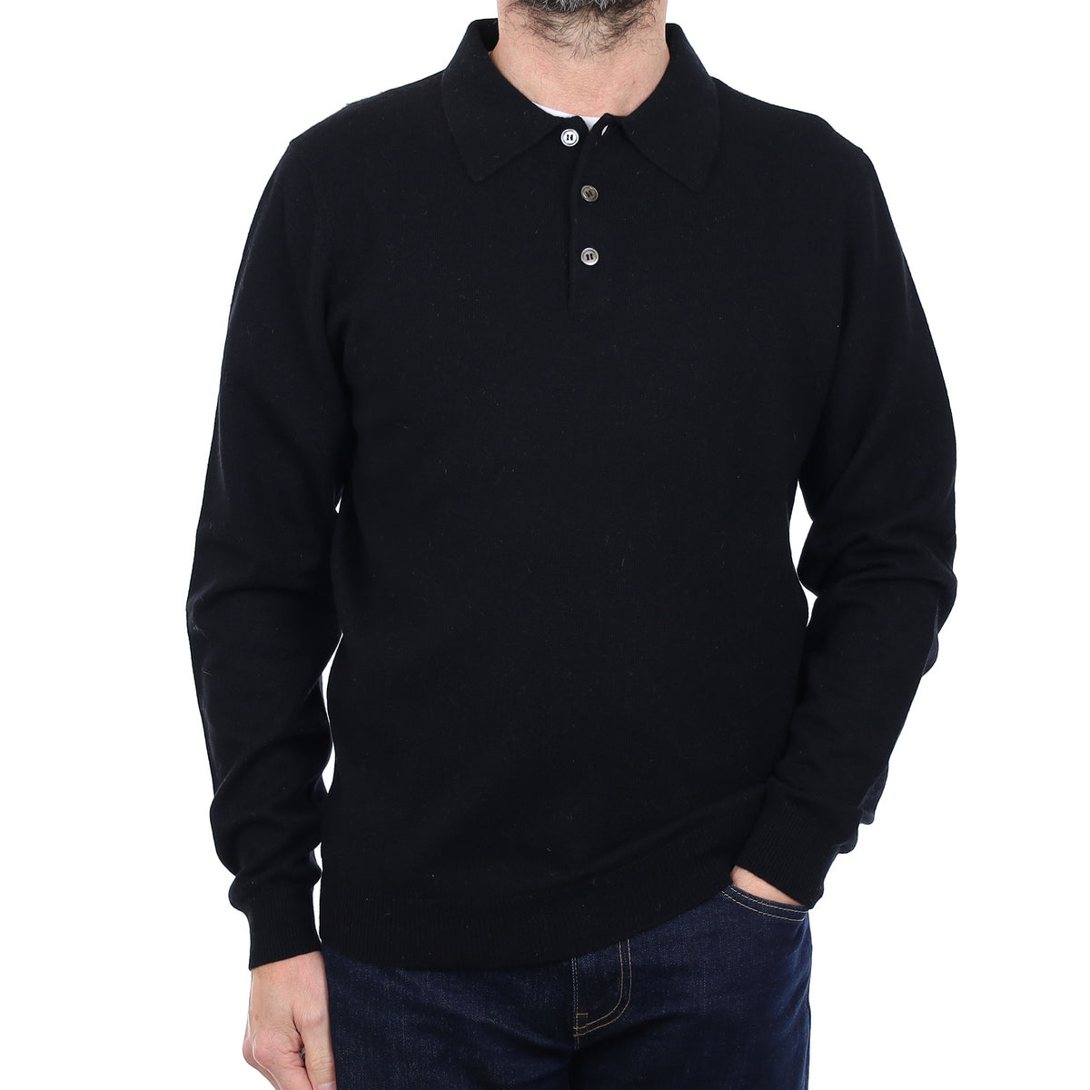 Men's Black Cashmere Collared 1/4 Button Jumper Small