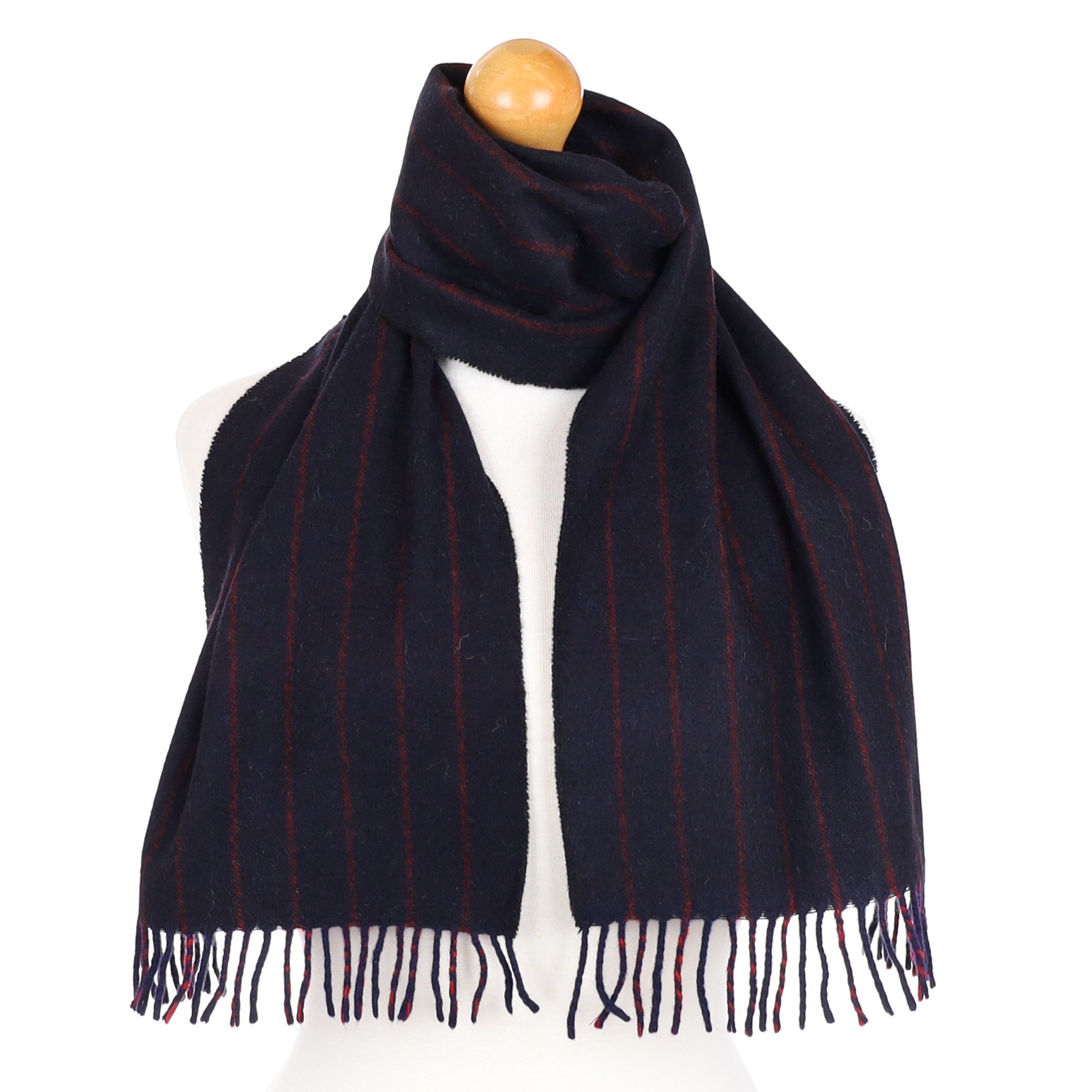 Navy and Red Stripe Cashmere Tasselled Woven Scarf