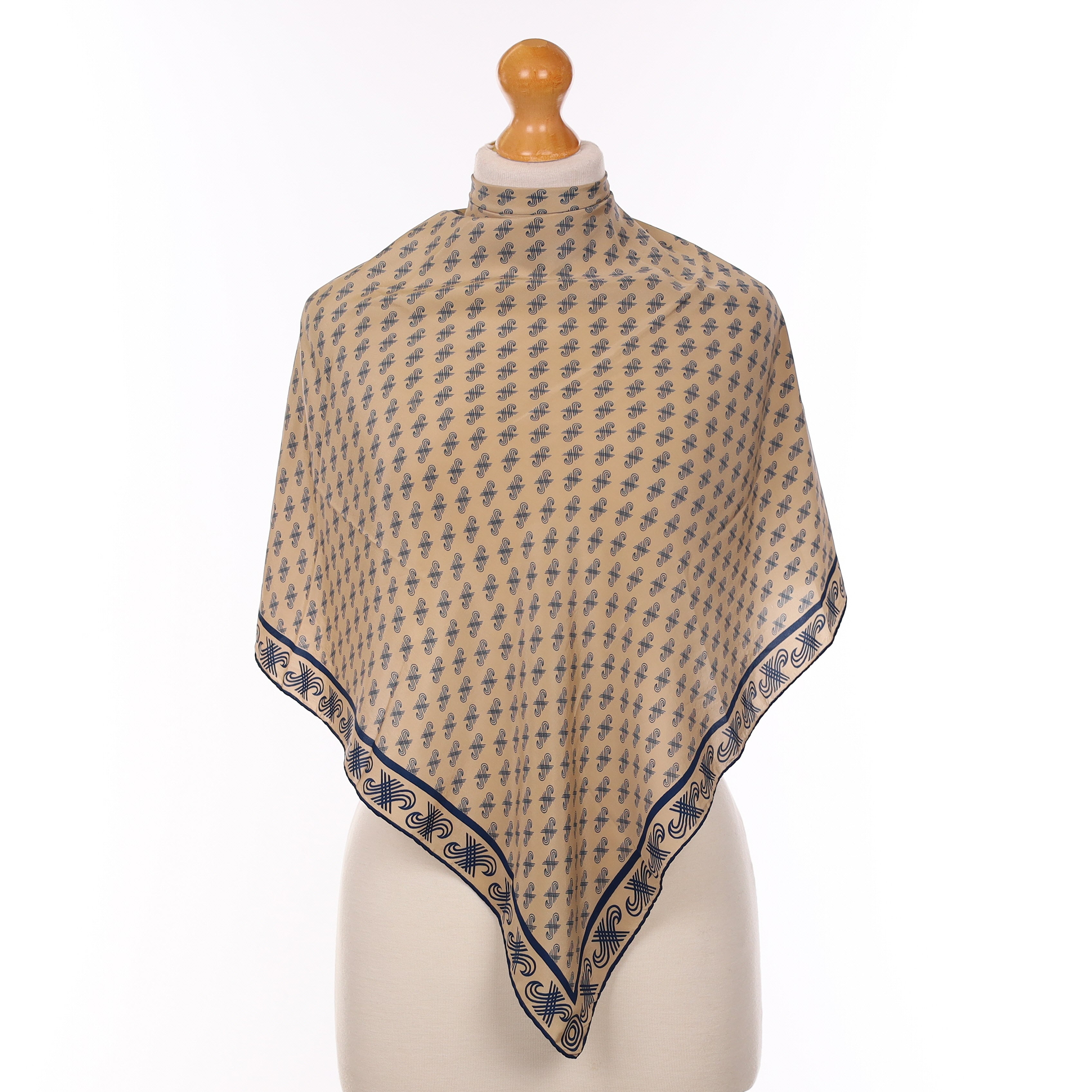 Jaeger Navy And Beige Logo Motif Vintage Silk Scarf
