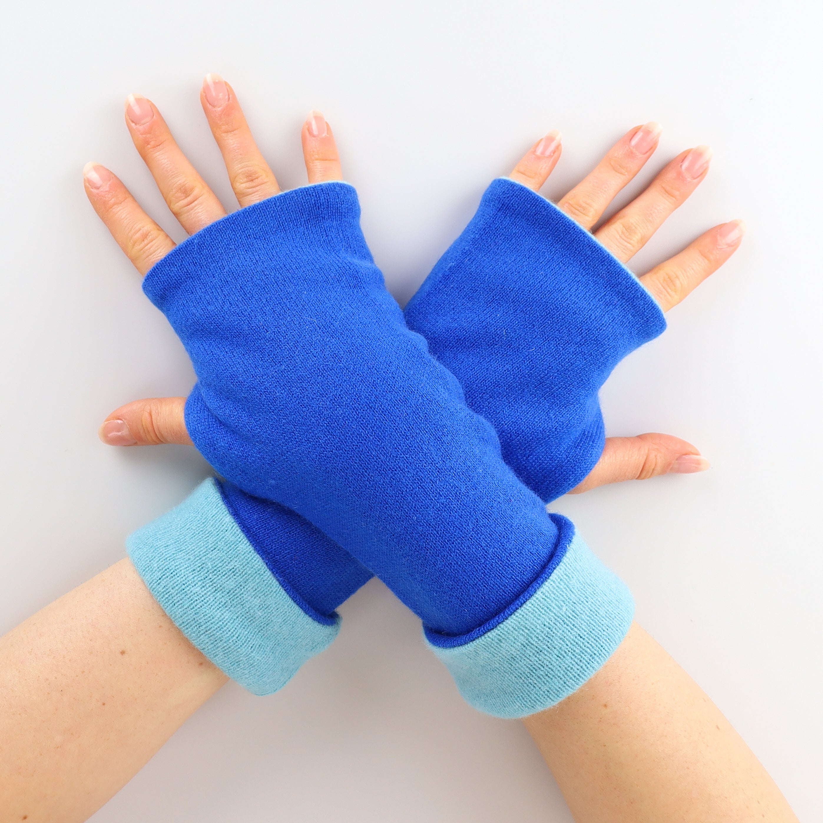 Electric Blue and Opal Green Reversible Cashmere Fingerless Gloves