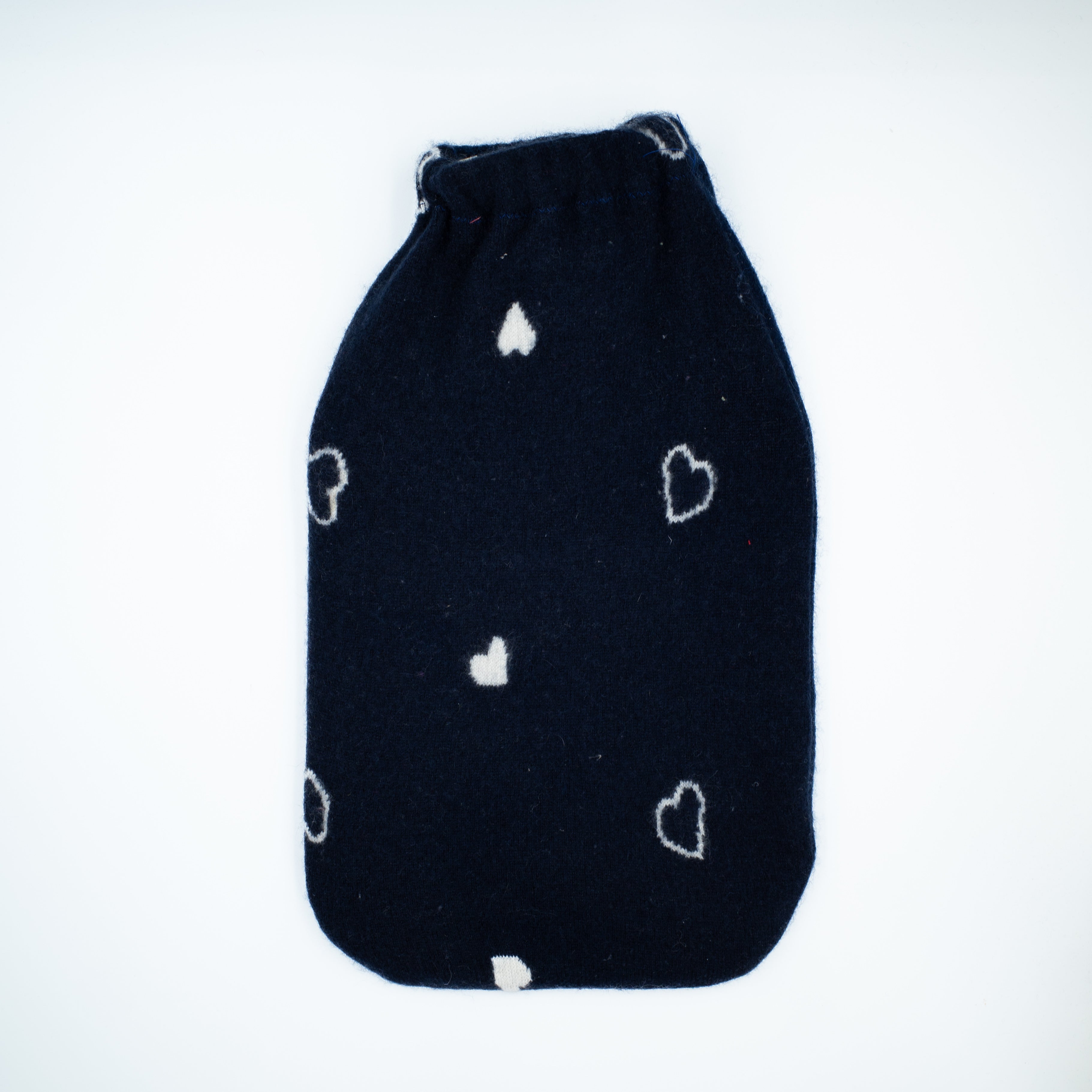 Navy with White Hearts Cashmere Large Hot Water Bottle
