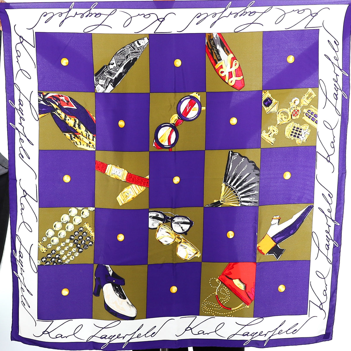Brand New Karl Lagerfeld Purple and Khaki Checked Silk Scarf