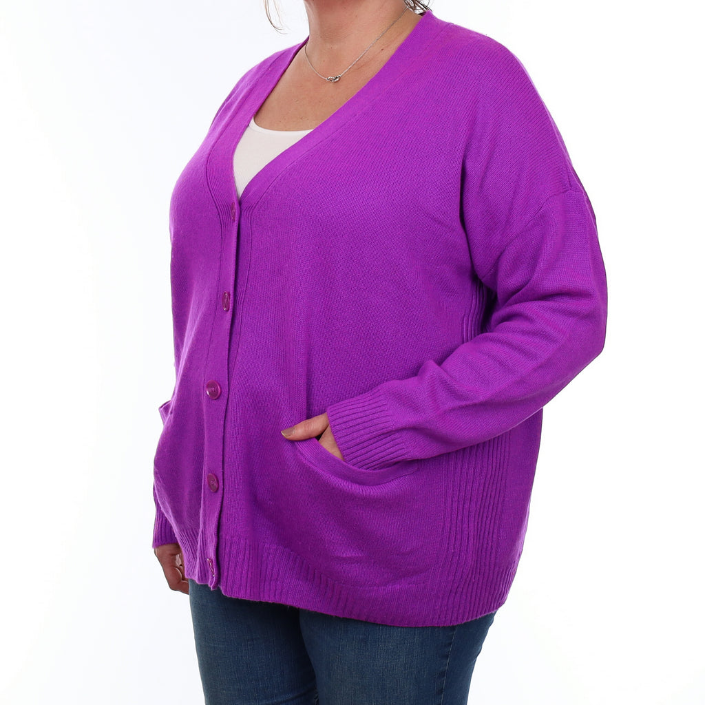 Acid Purple Cashmere Slouchy V Neck Cardigan with Pockets XXL