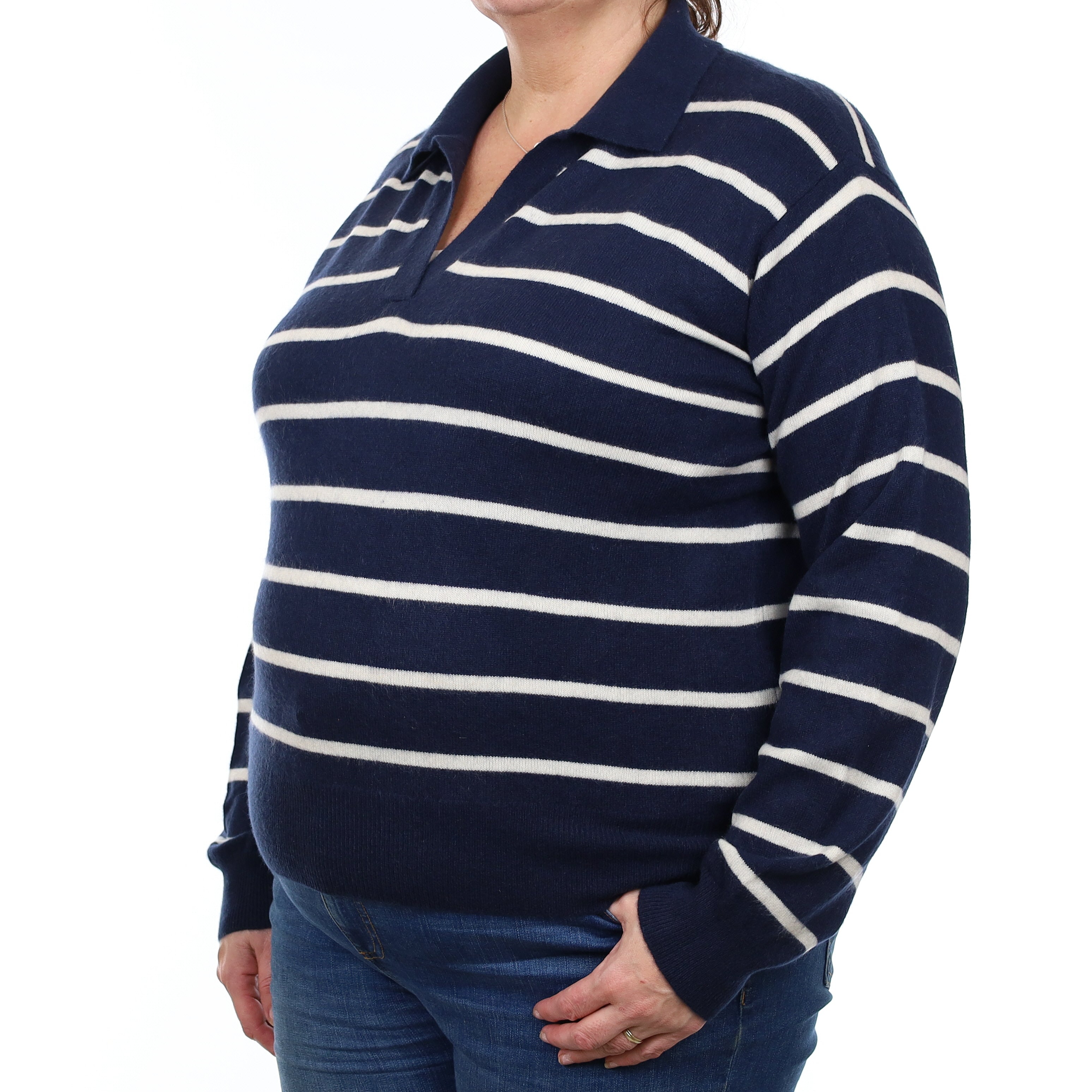 Navy and Ivory Striped Cashmere Collared V Neck Jumper Extra Large