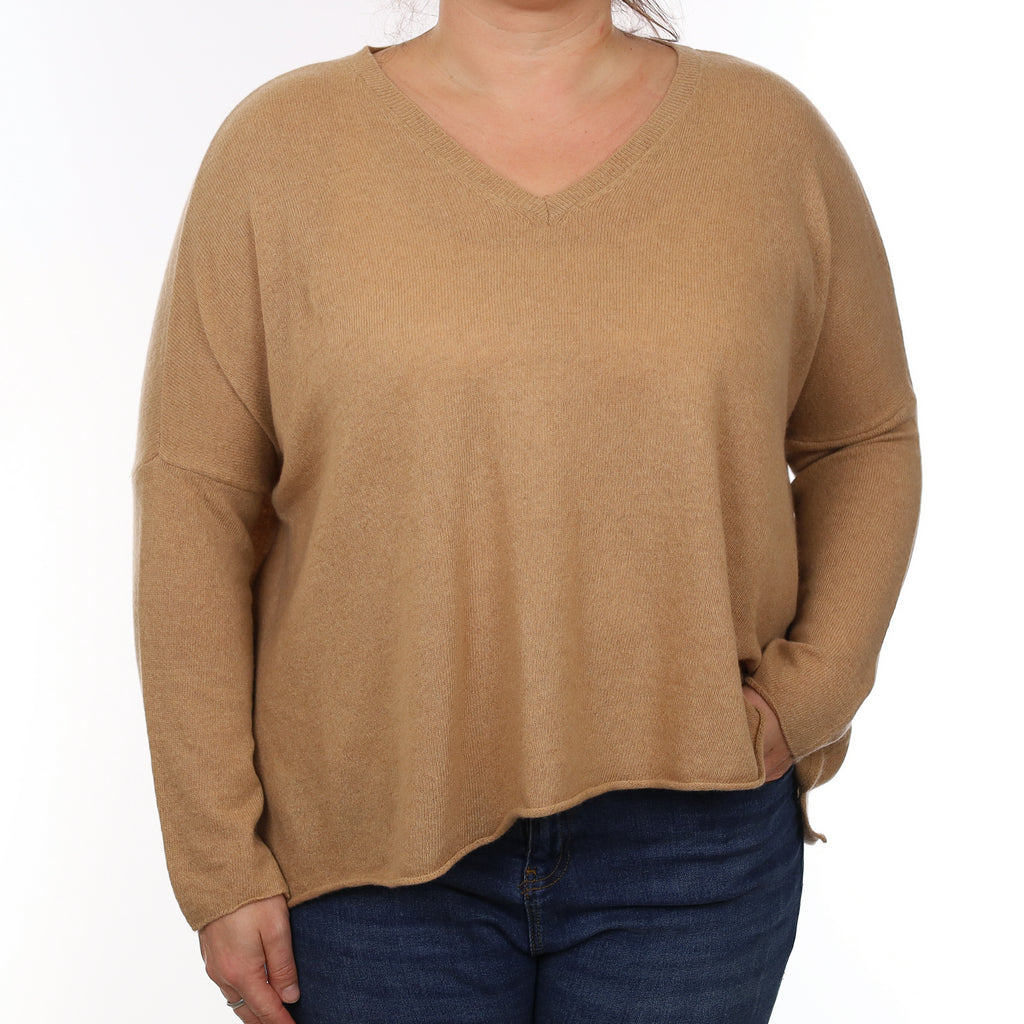 Caramel Brown Cashmere Slouchy V Neck Jumper Large