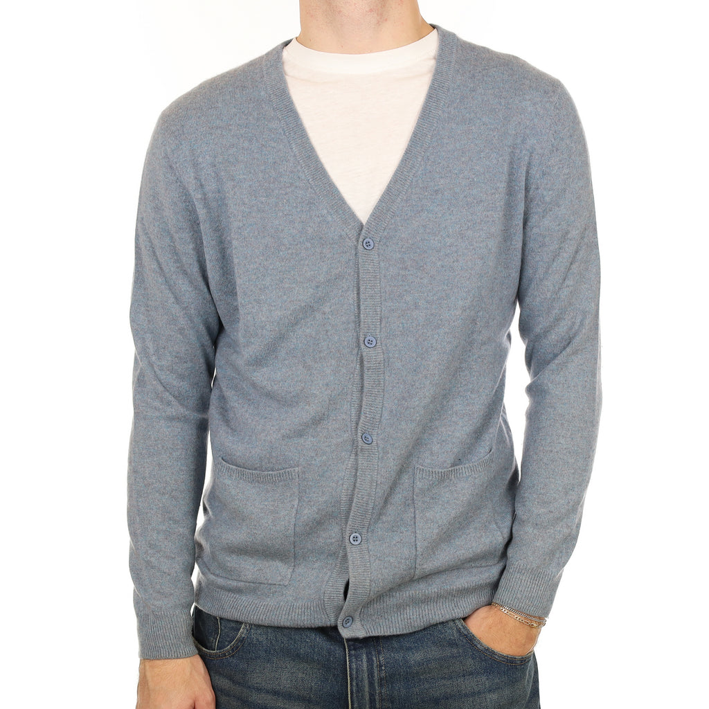 Men’s Dusky Blue Marl Cashmere V Neck Cardigan with Pockets Large