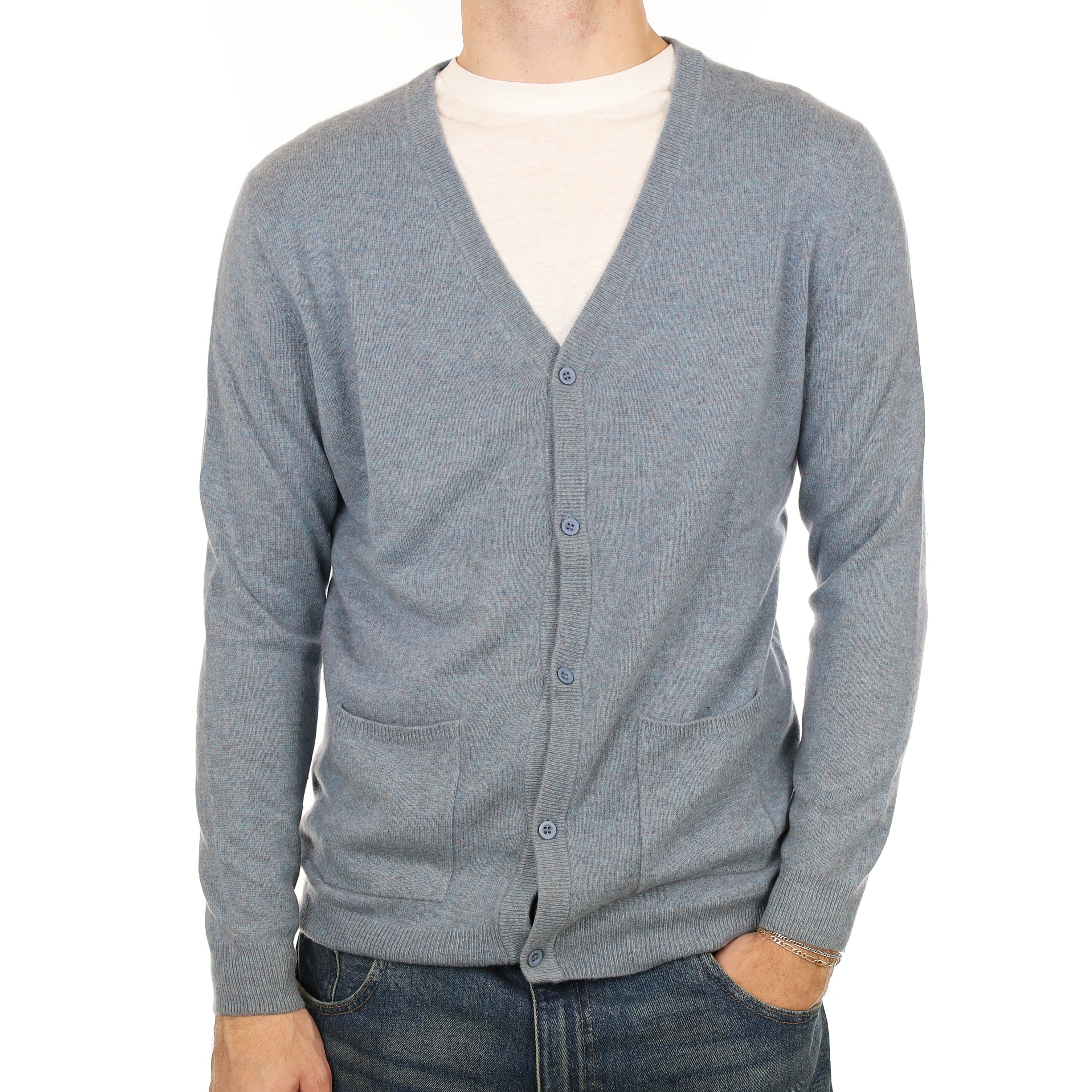 Men’s Dusky Blue Marl Cashmere V Neck Cardigan with Pockets Large