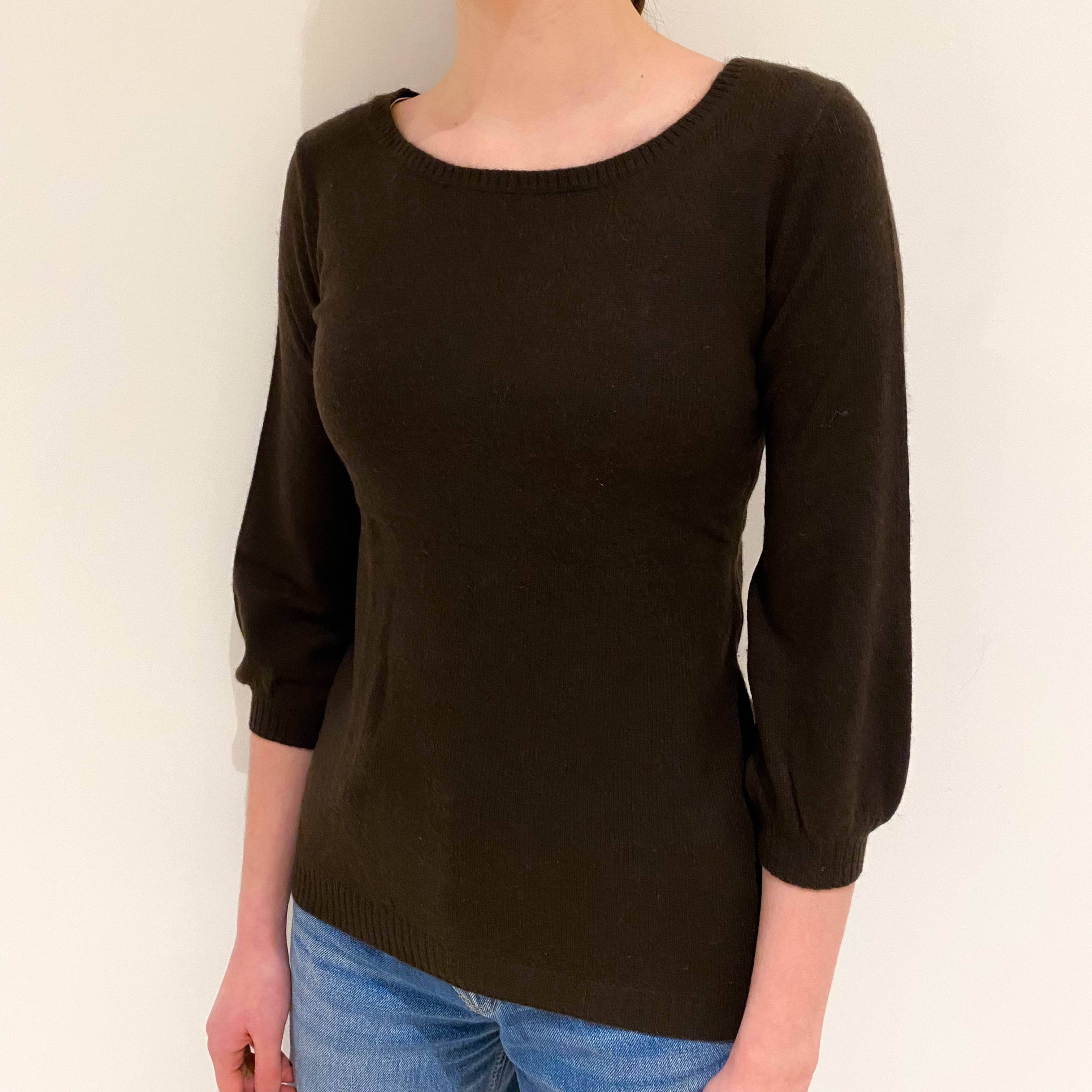 Chocolate Brown 3/4 Sleeve Cashmere Crew Neck Jumper Extra Small