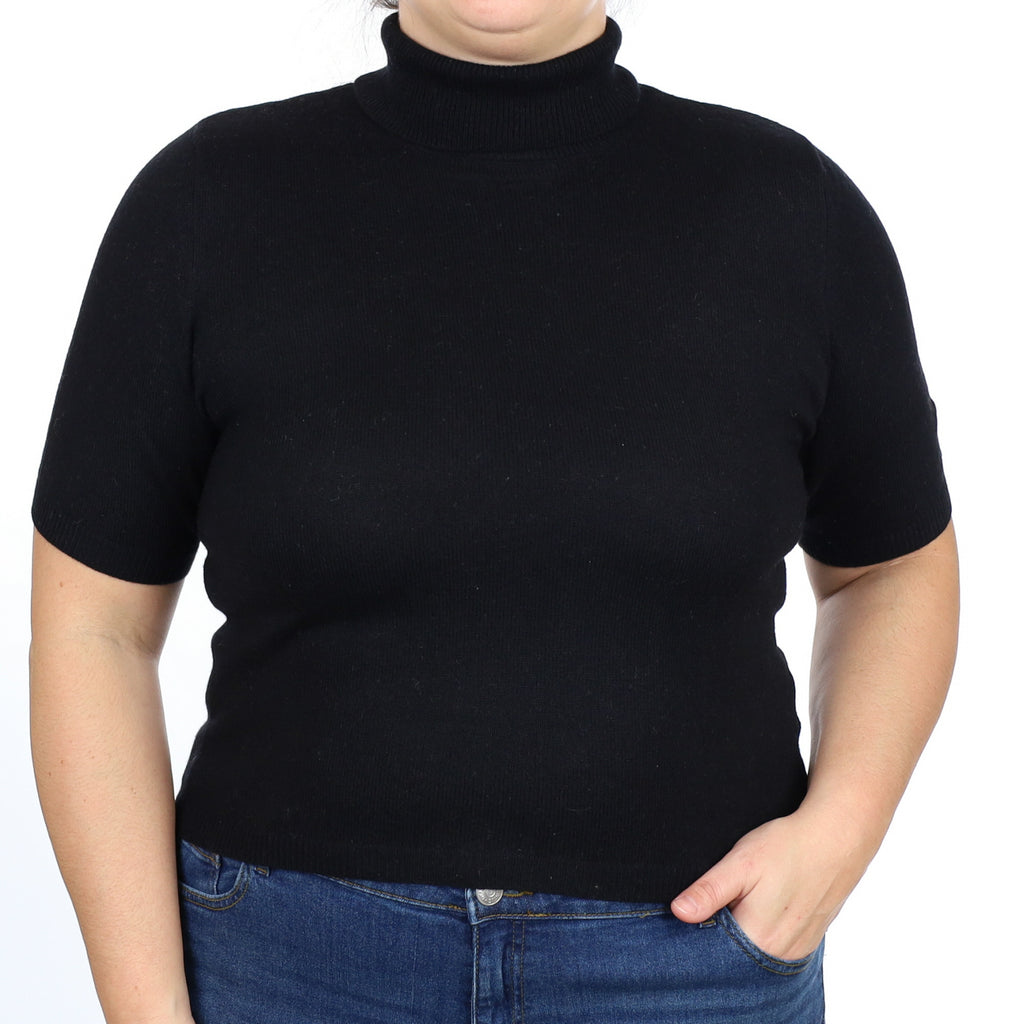 Black Cashmere Short Sleeve Polo Neck Jumper Large