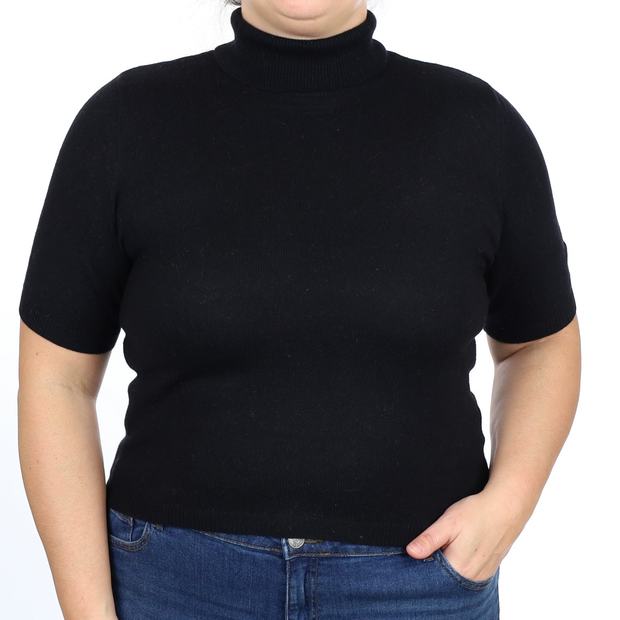 Black Cashmere Short Sleeve Polo Neck Jumper Large