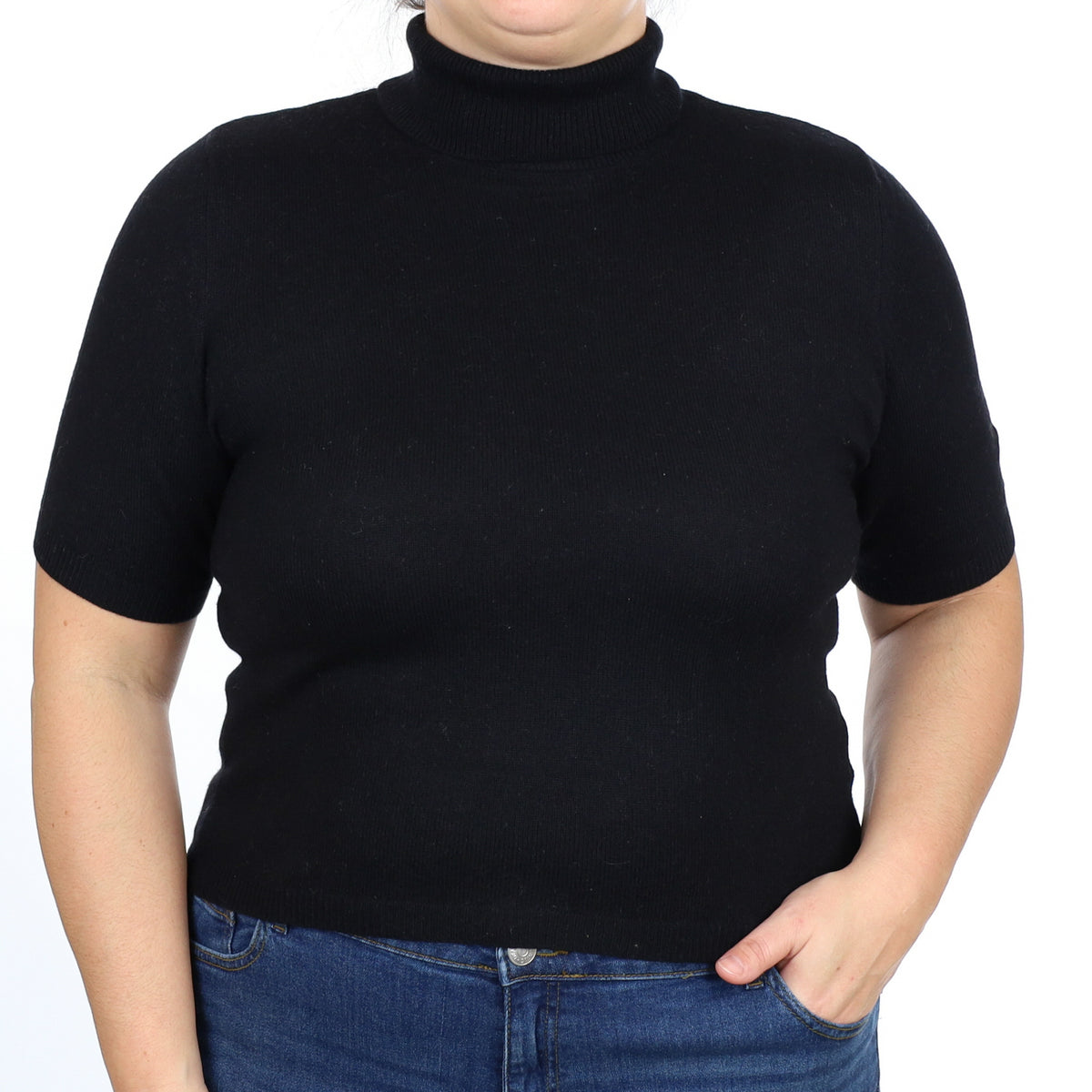 Black Cashmere Short Sleeve Polo Neck Jumper Large