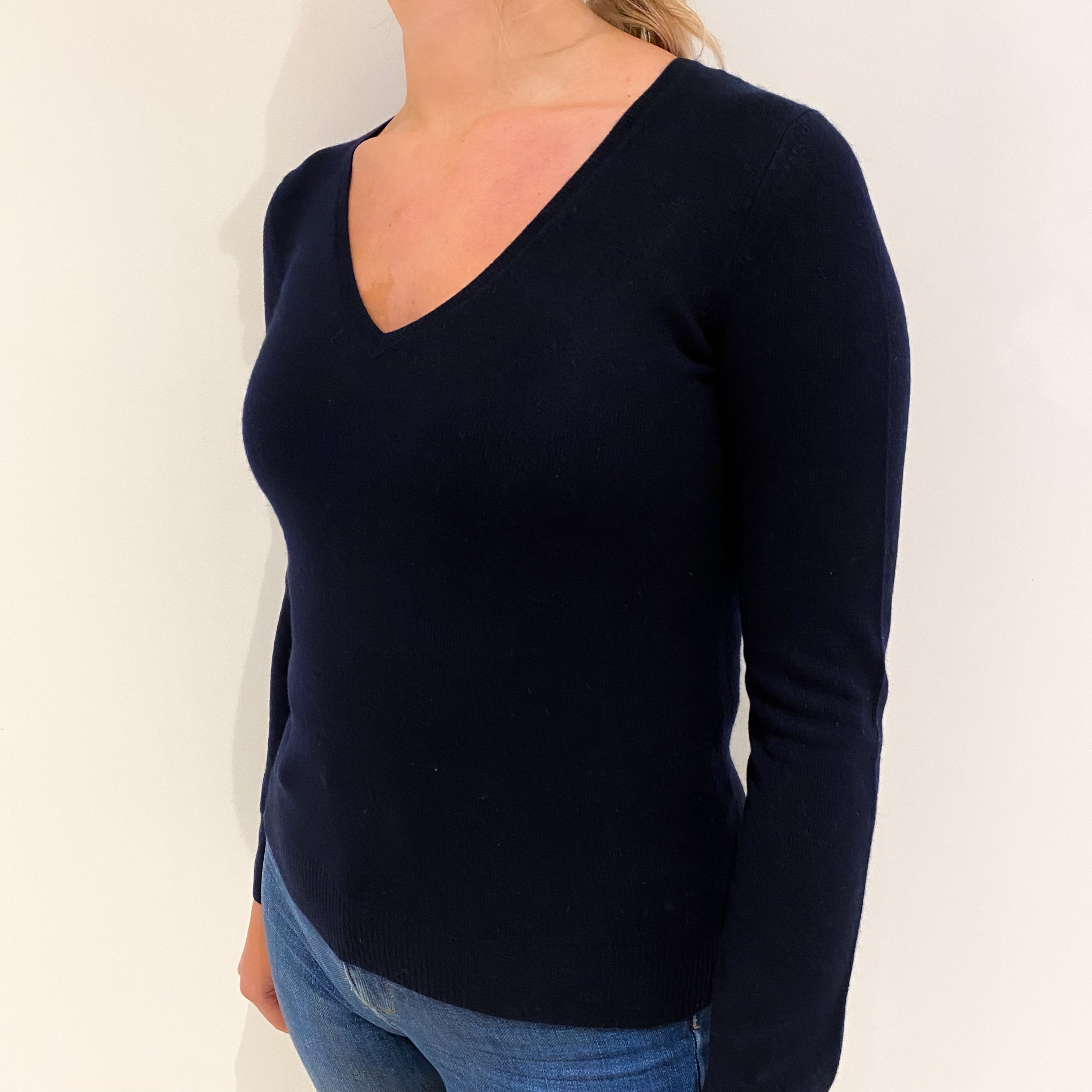 Navy Blue Cashmere V Neck Jumper Small