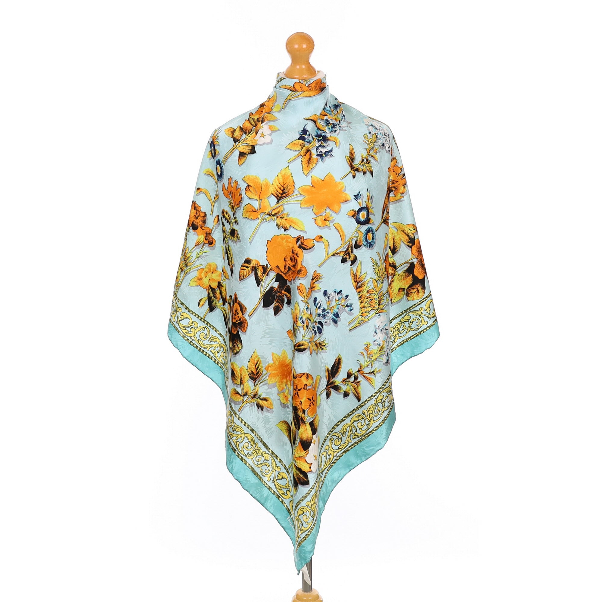 Aqua and Yellow Foliate Silk Scarf