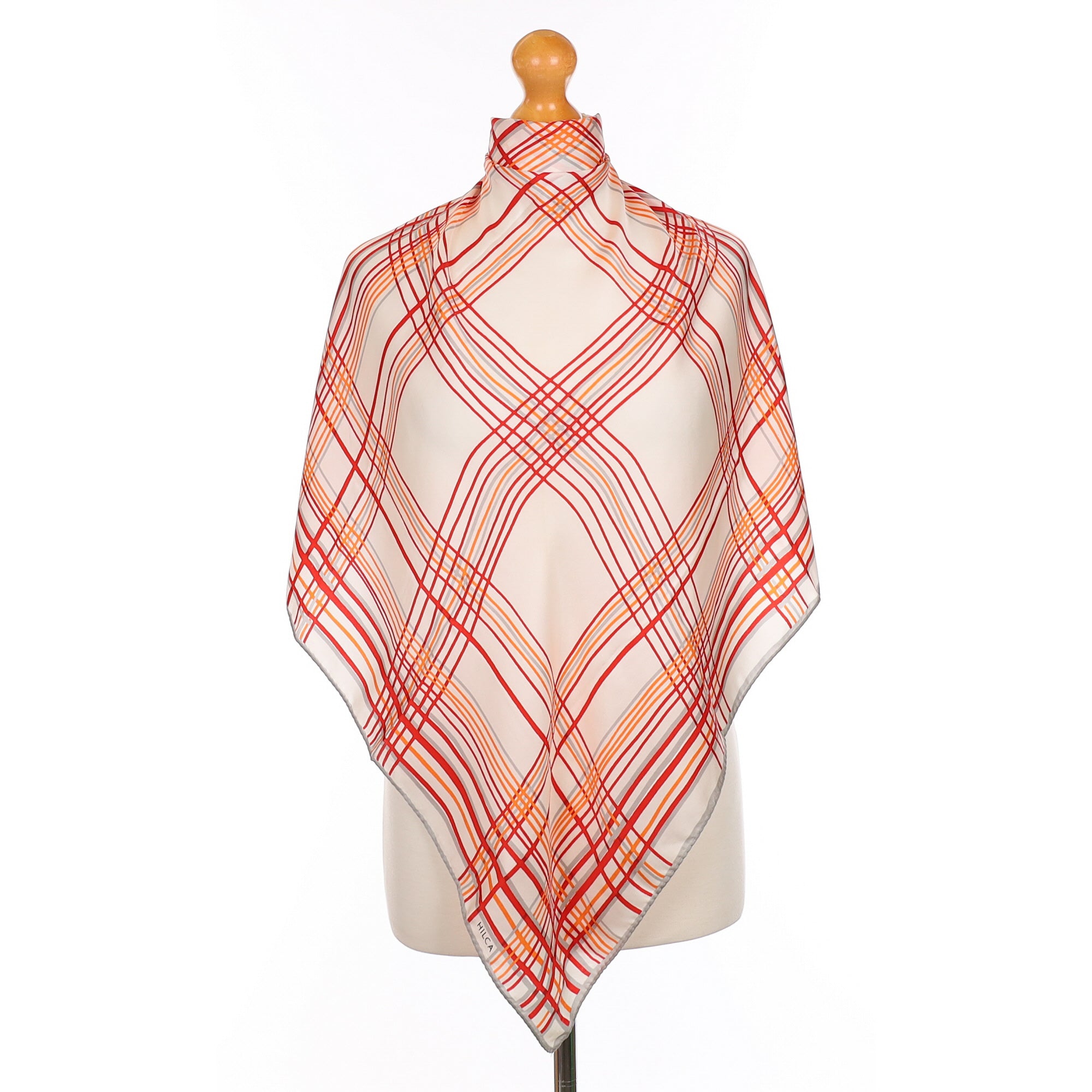 Red and Ivory Checked Vintage Silk Scarf