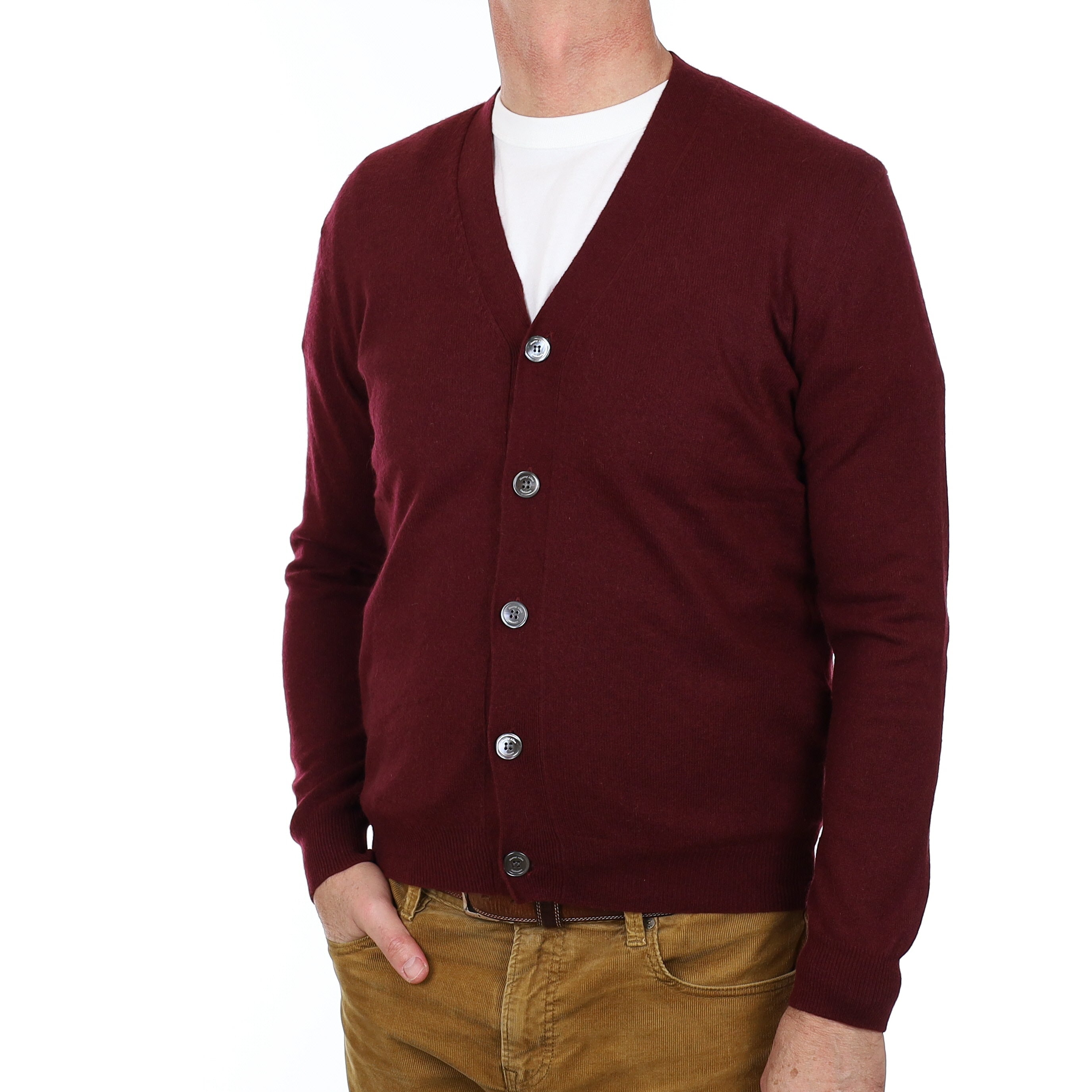 Men’s Wine Red Cashmere V Neck Cardigan Extra Large