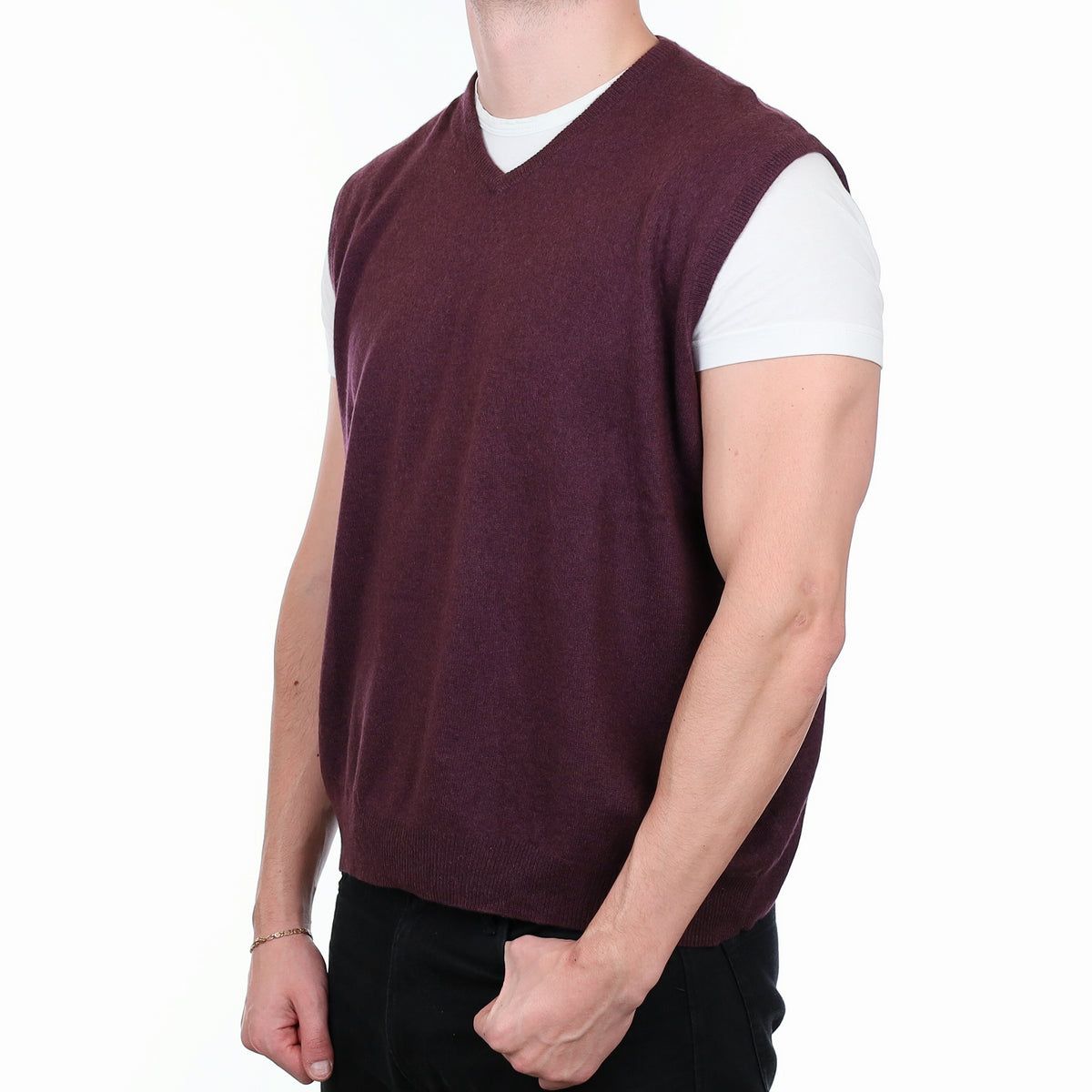 Men’s Aubergine Purple Cashmere V Neck Tank Top XXL