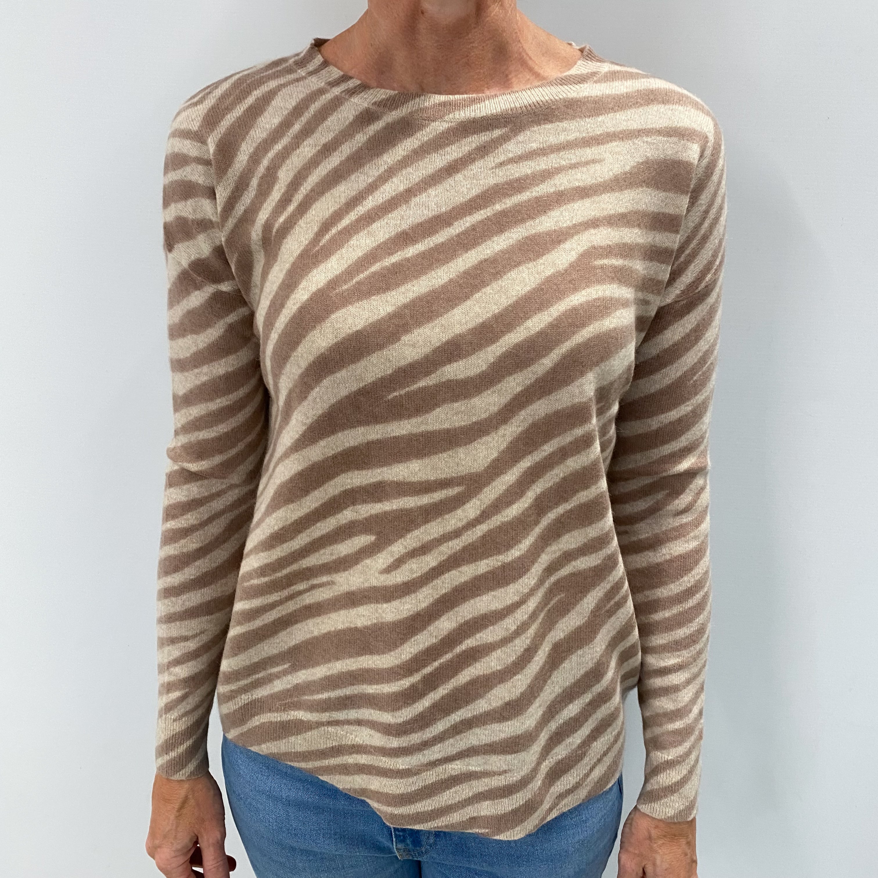 Oatmeal and Mink Zebra Cashmere Crew Neck Jumper Small