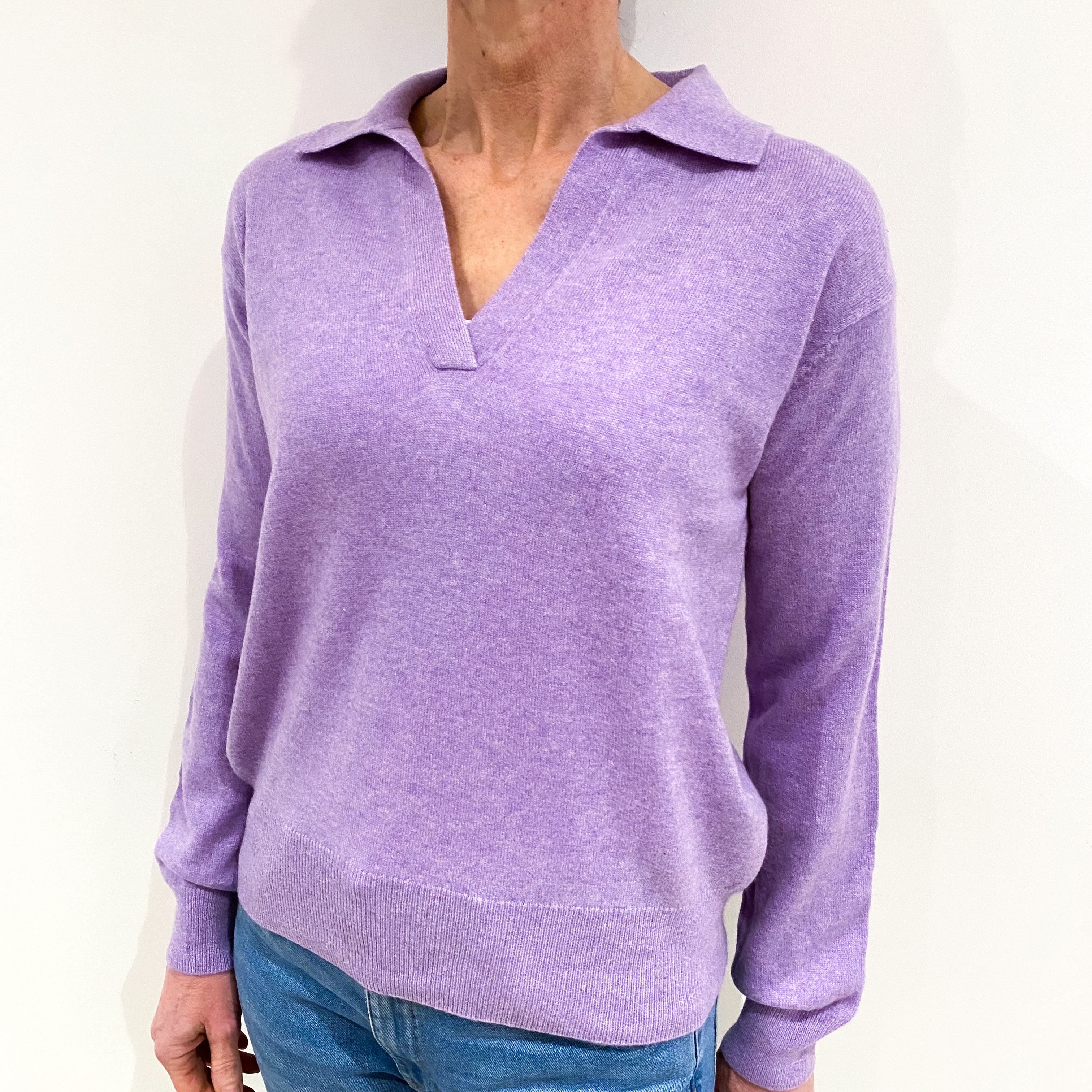 Lavender Purple Cashmere Collared V Neck Jumper Small