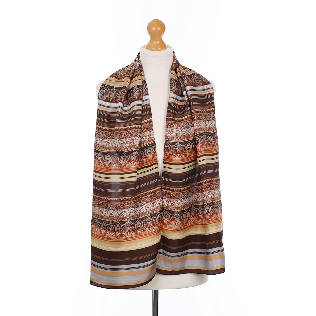 Brand New Brown Paisley Stripe Silk Scarf