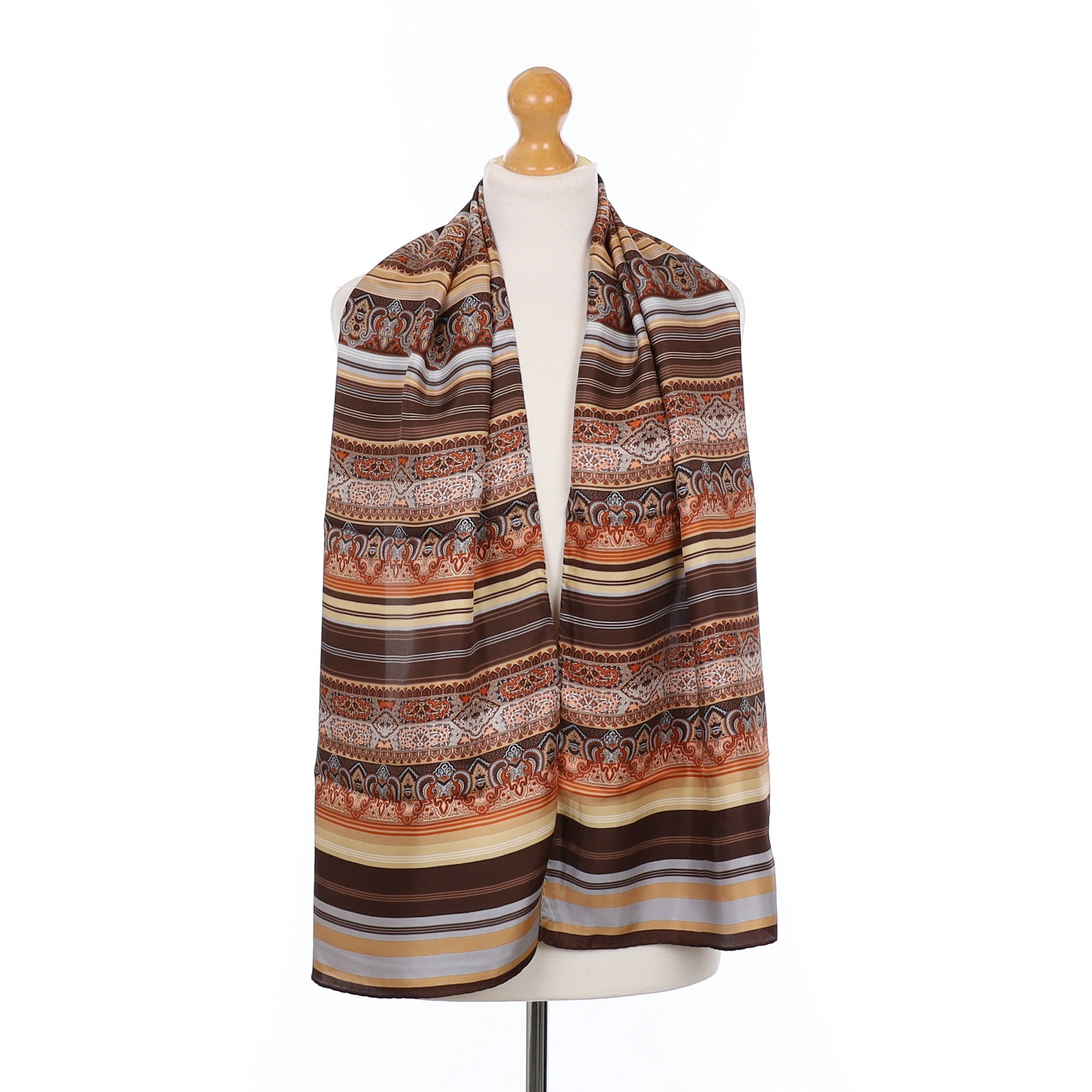 Brand New Brown Paisley Stripe Silk Scarf