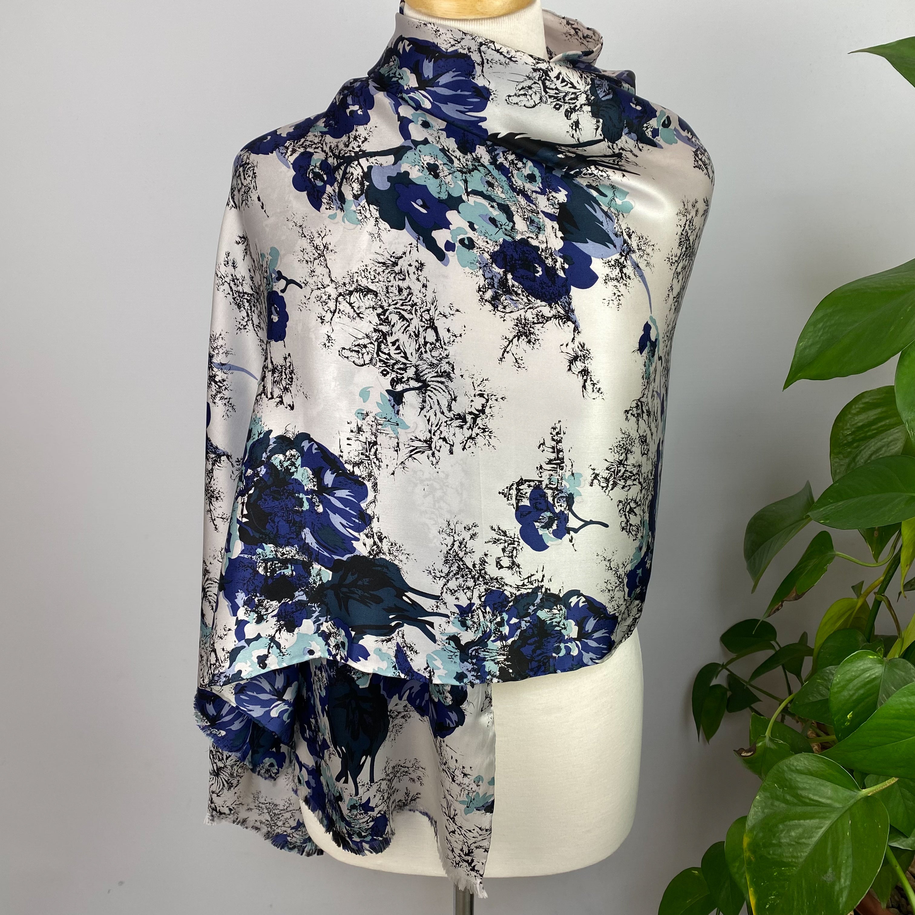Long Abstract Blues Silk Scarf