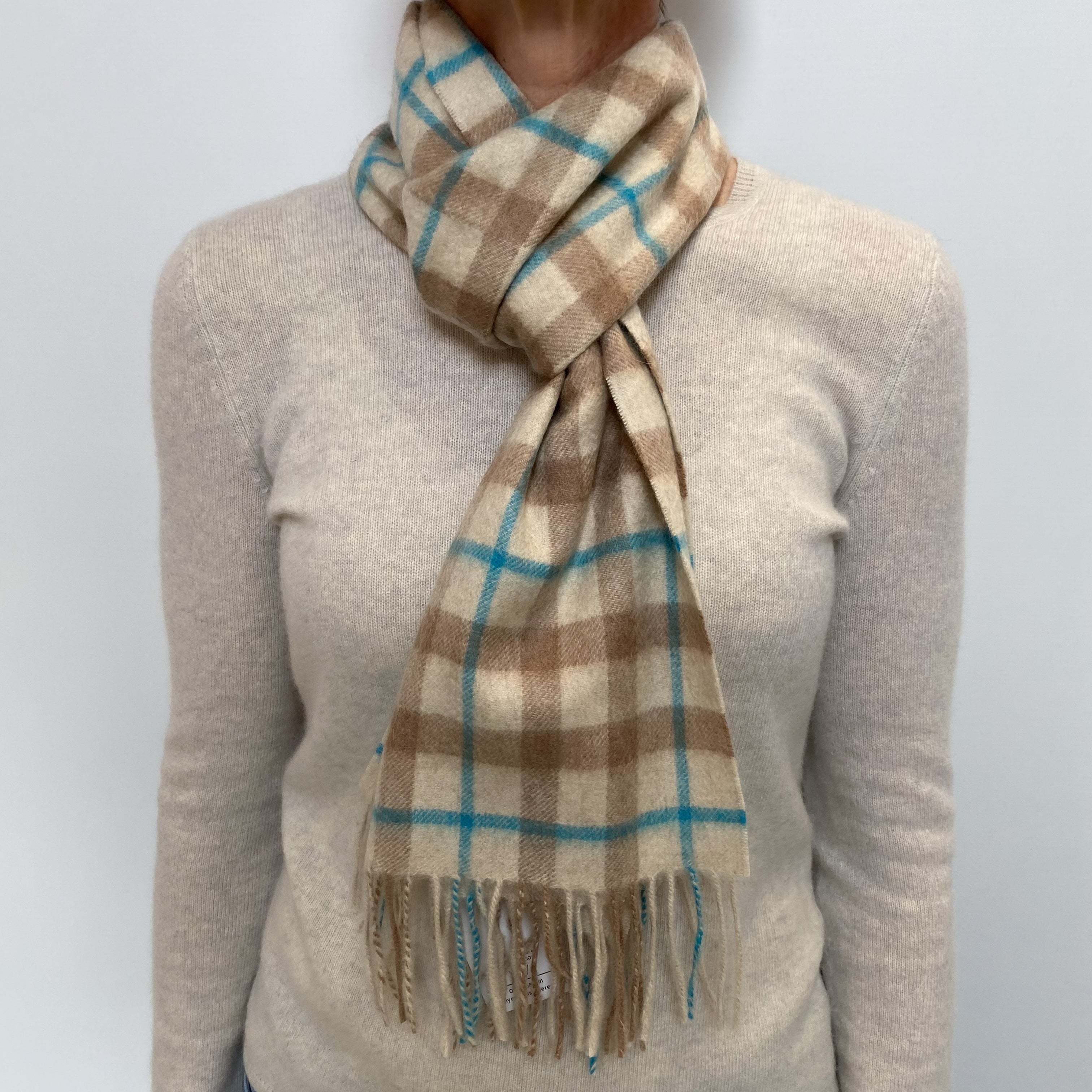 Biscuit and Turquoise Checked Cashmere Woven Fringed Scarf