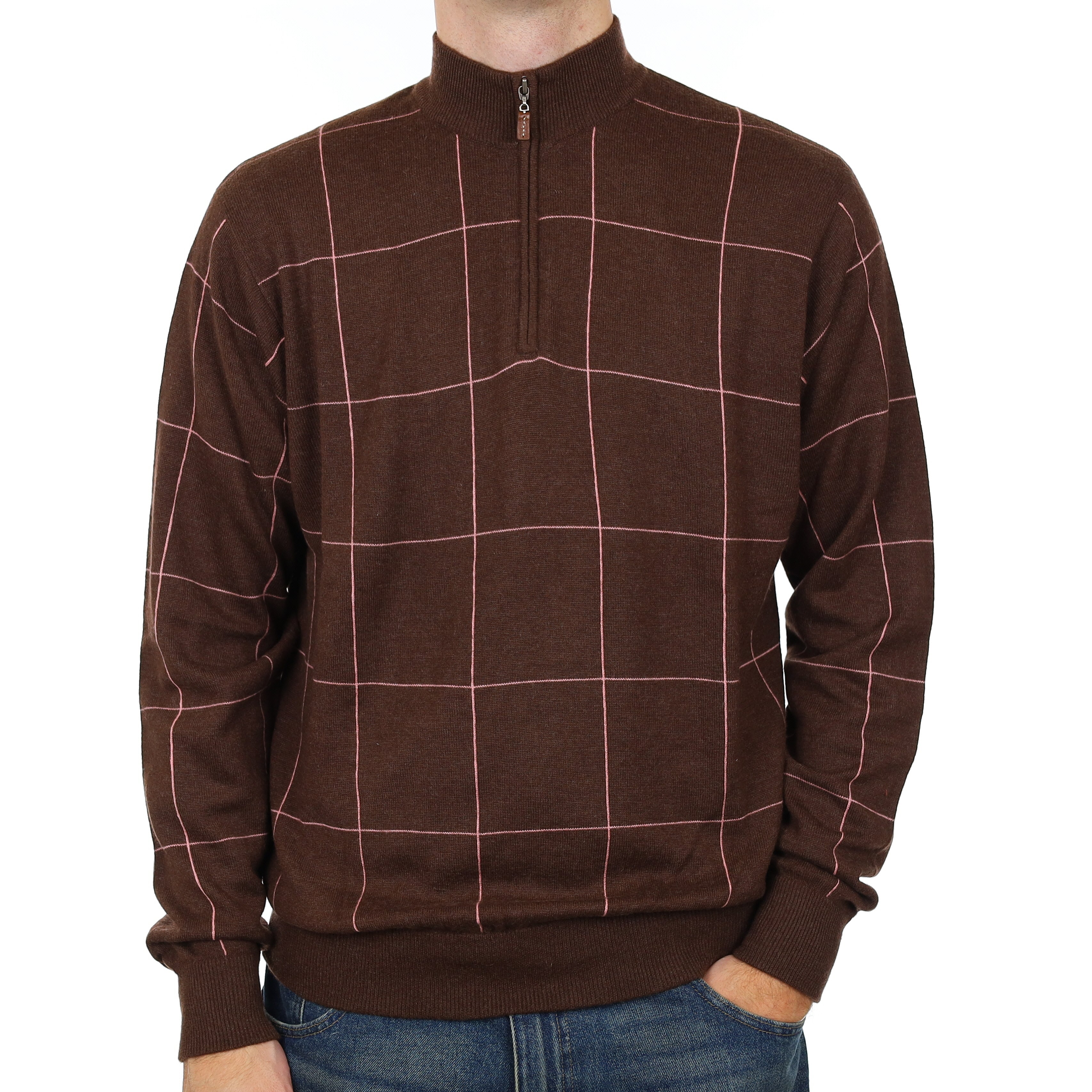 Men’s Chocolate and Pink Checked Cashmere 1/4 Zip Jumper Large