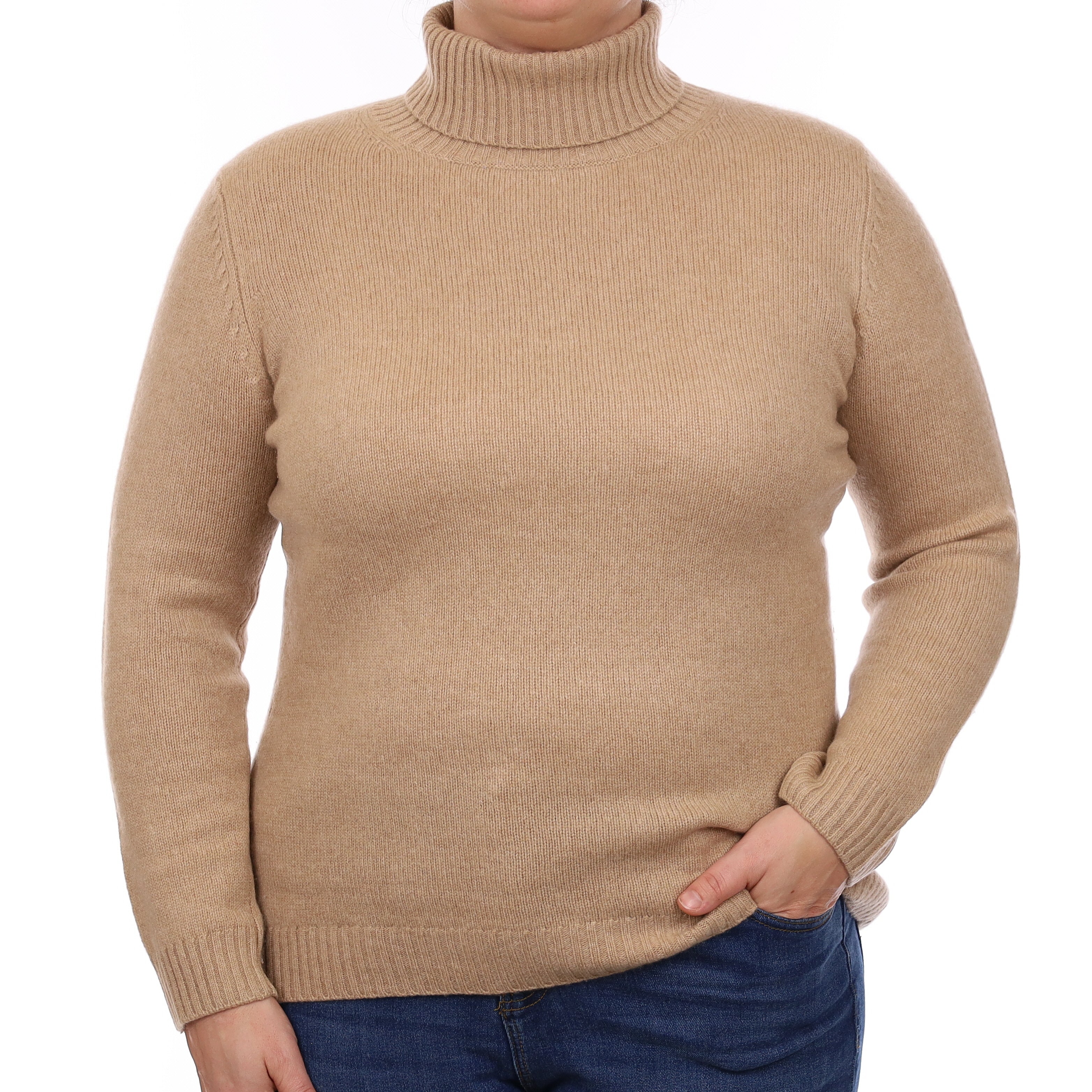 Camel Heavy Knit Cashmere Polo Neck Jumper Large