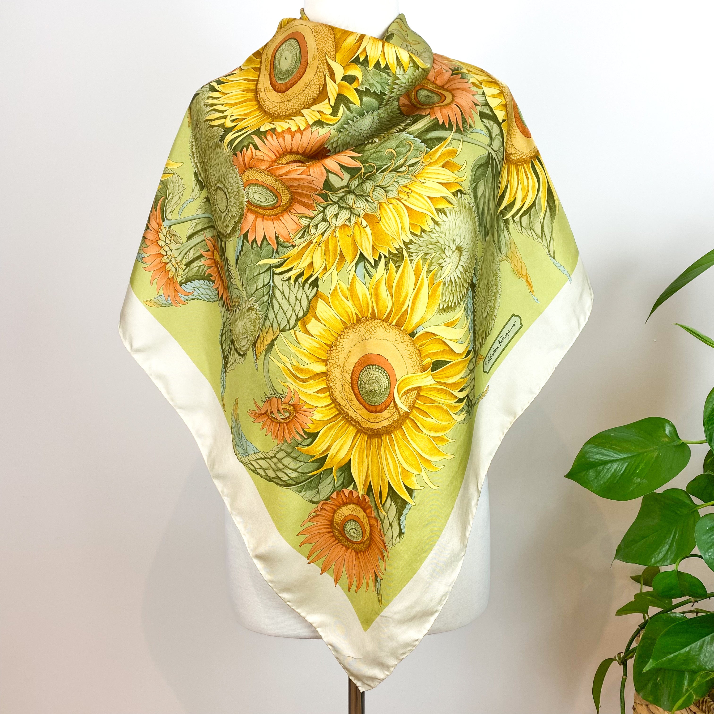 Italian Salvatore Ferragamo Sunflower Silk Scarf